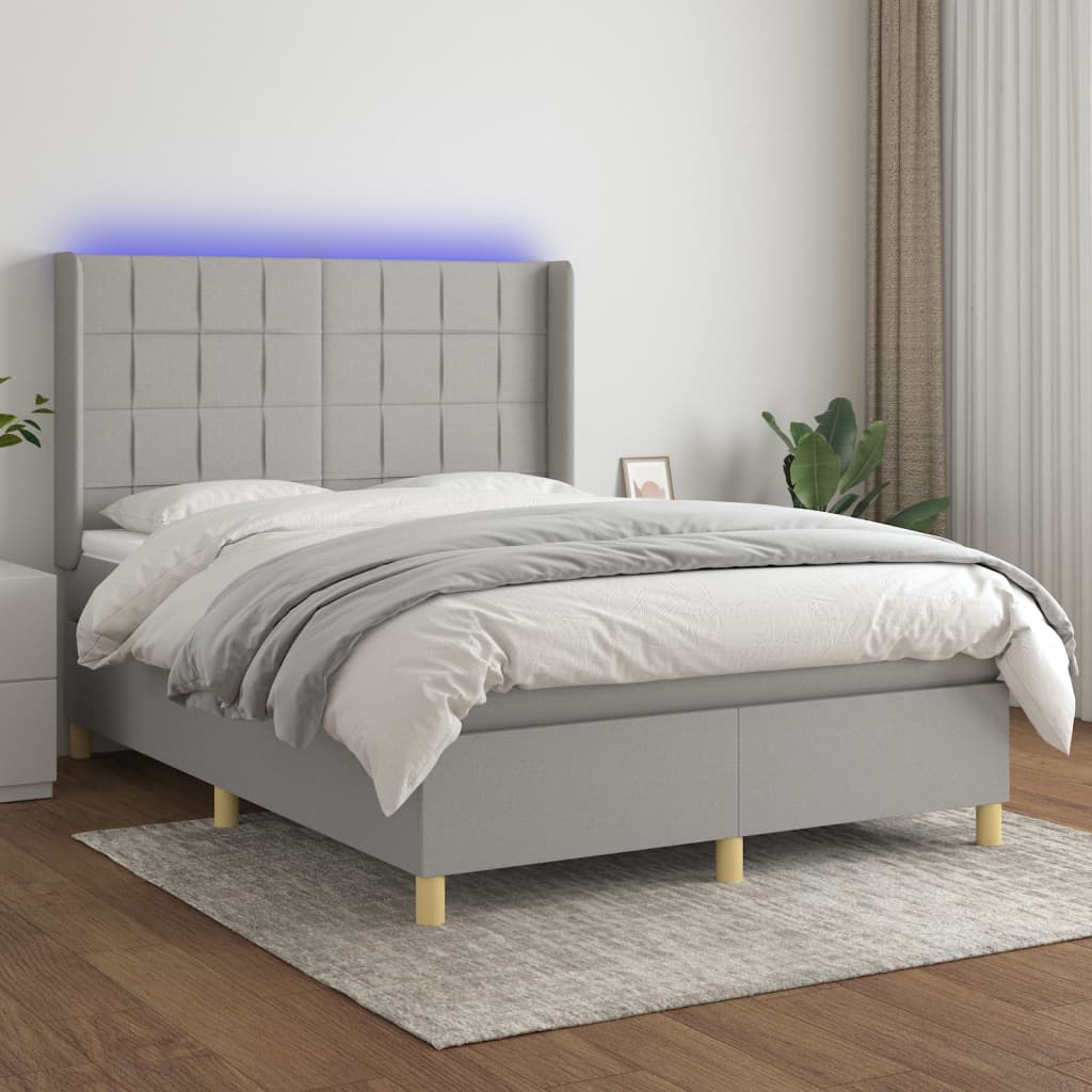 Cama Box Spring Colchón Y Luces Led Tela Gris Claro 140x190 Cm / Vetonek_1