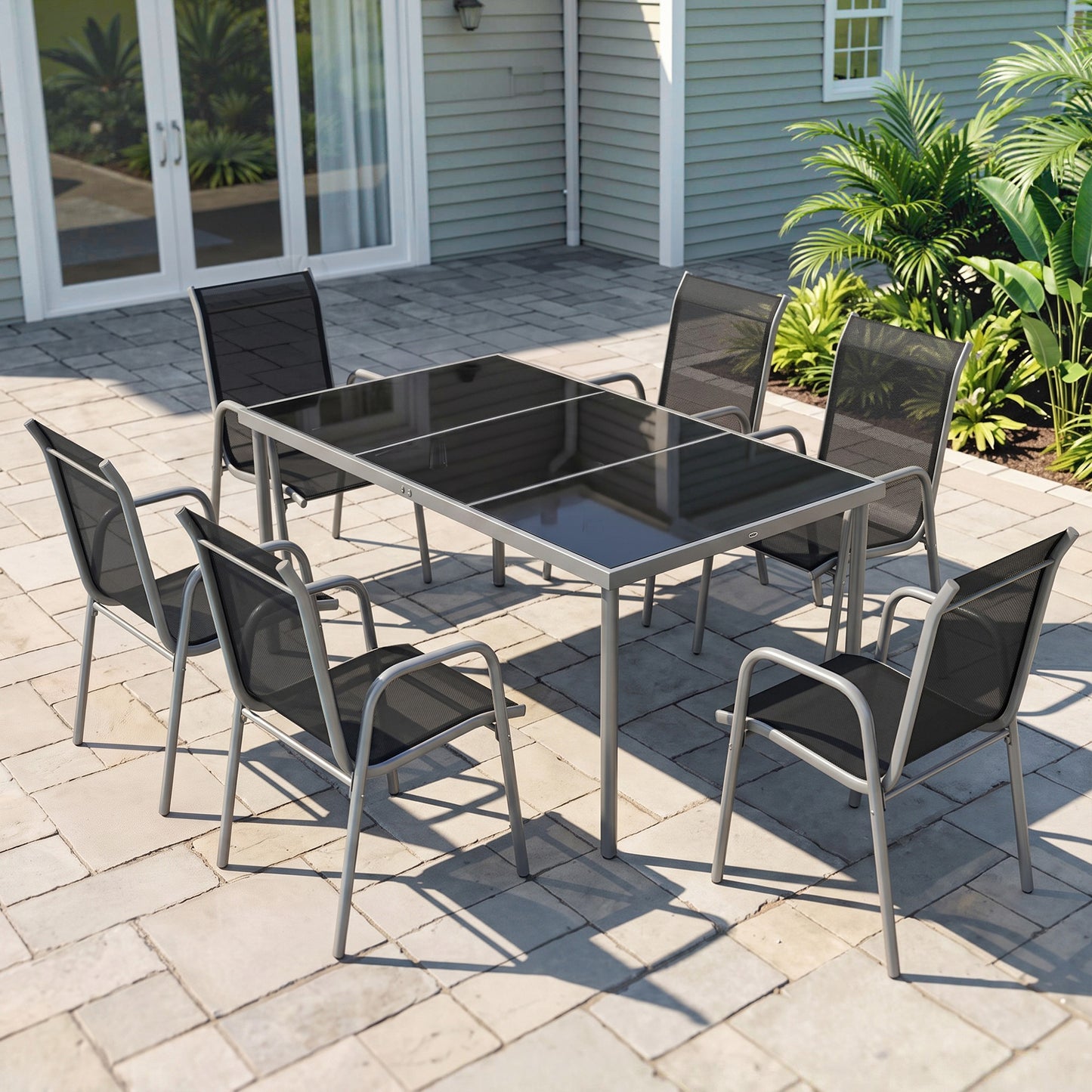 Outsunny Conjunto De Mesa Y Sillas Jardín De 7 Piezas Con Sillas Transpirables_1