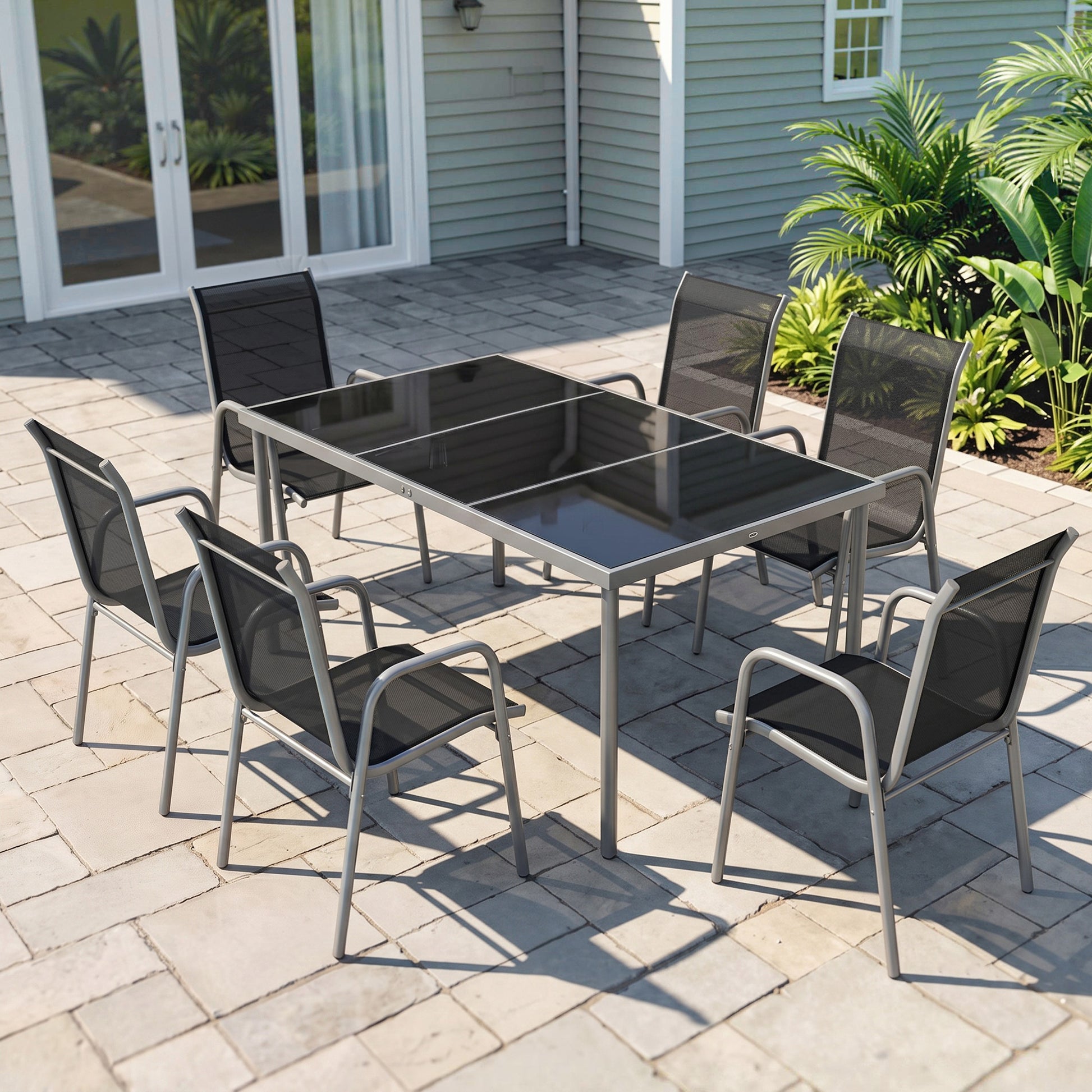 Outsunny Conjunto De Mesa Y Sillas Jardín De 7 Piezas Con Sillas Transpirables_1