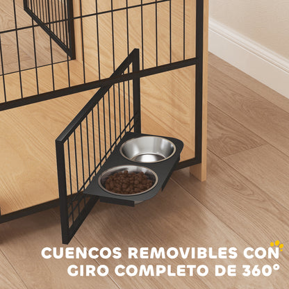 Pawhut Jaula Para Perros Mesa Auxiliar Con Soporte Giratorio Con 2 Tazones Roble_4