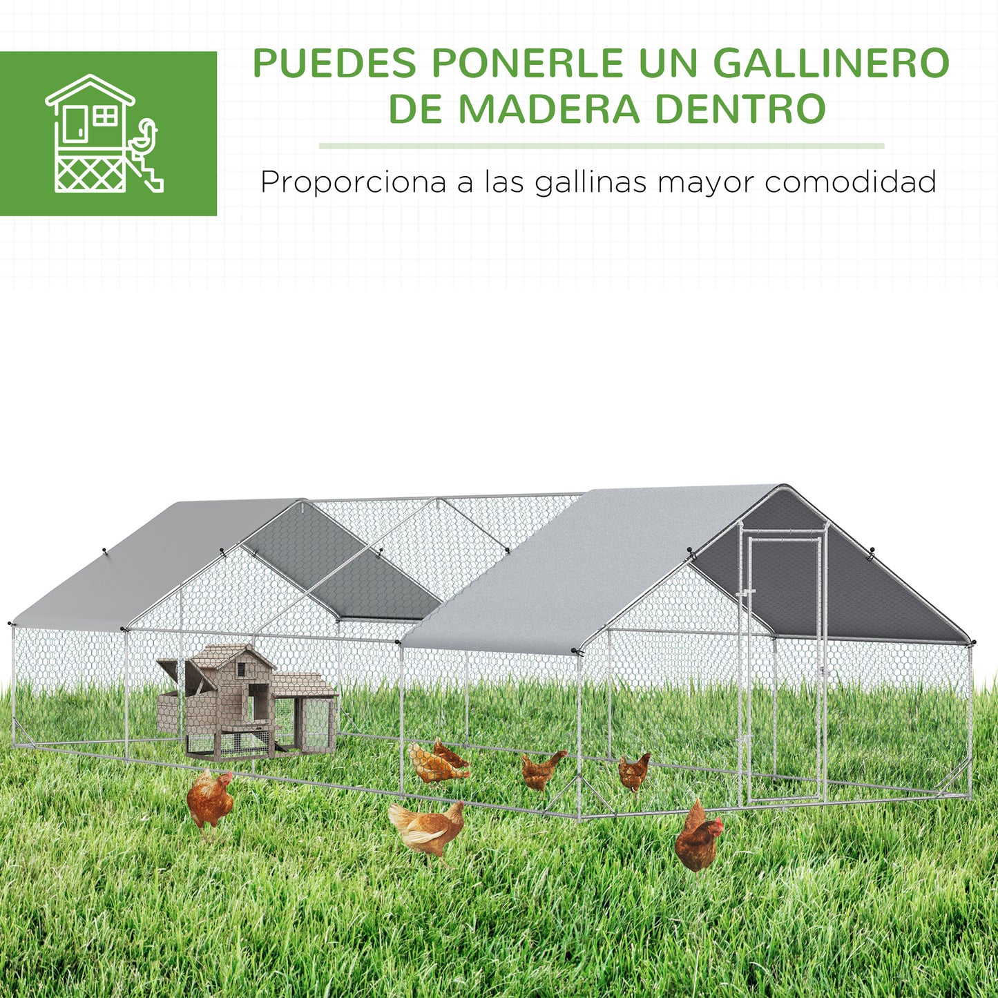Pawhut Gallinero Para Exterior 24 M² 3x8x2m Con Cubierta De Pe Y Cerradura Plata_4