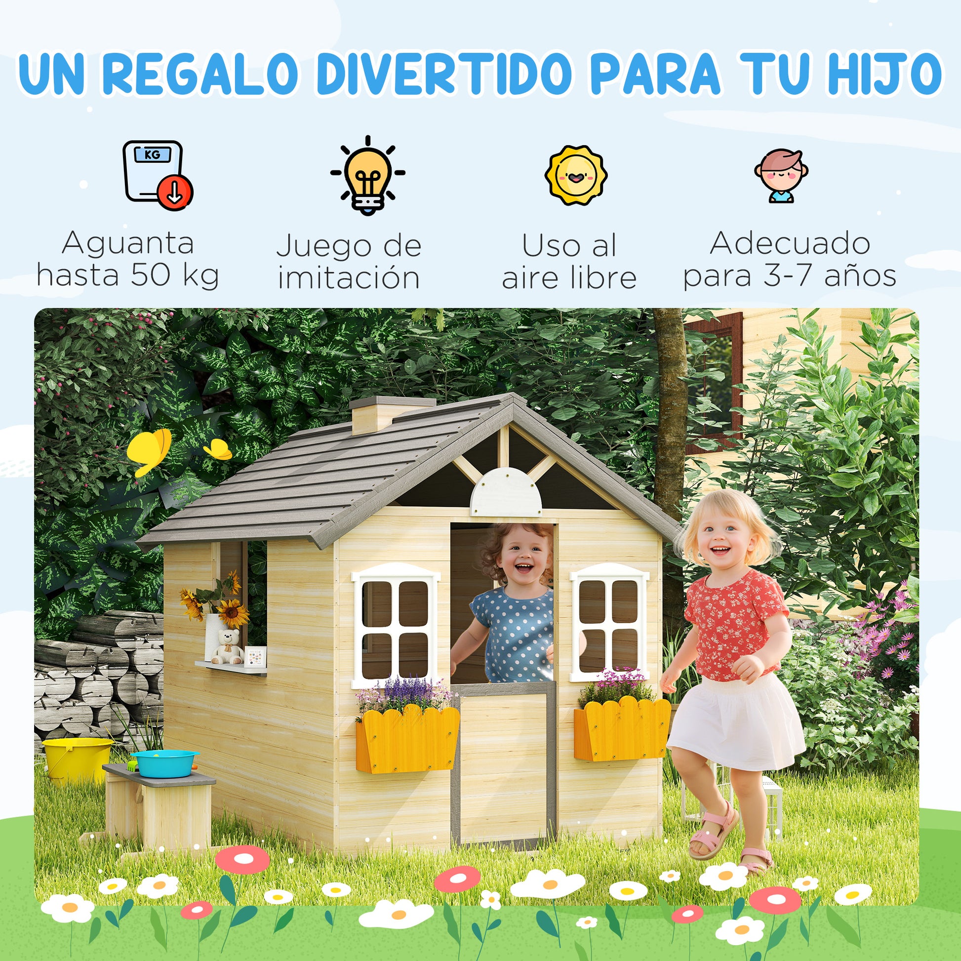 Outsunny Casa De Jardín Infantil De Madera Con Ventanas 113x94x134,5 Cm Natural_3