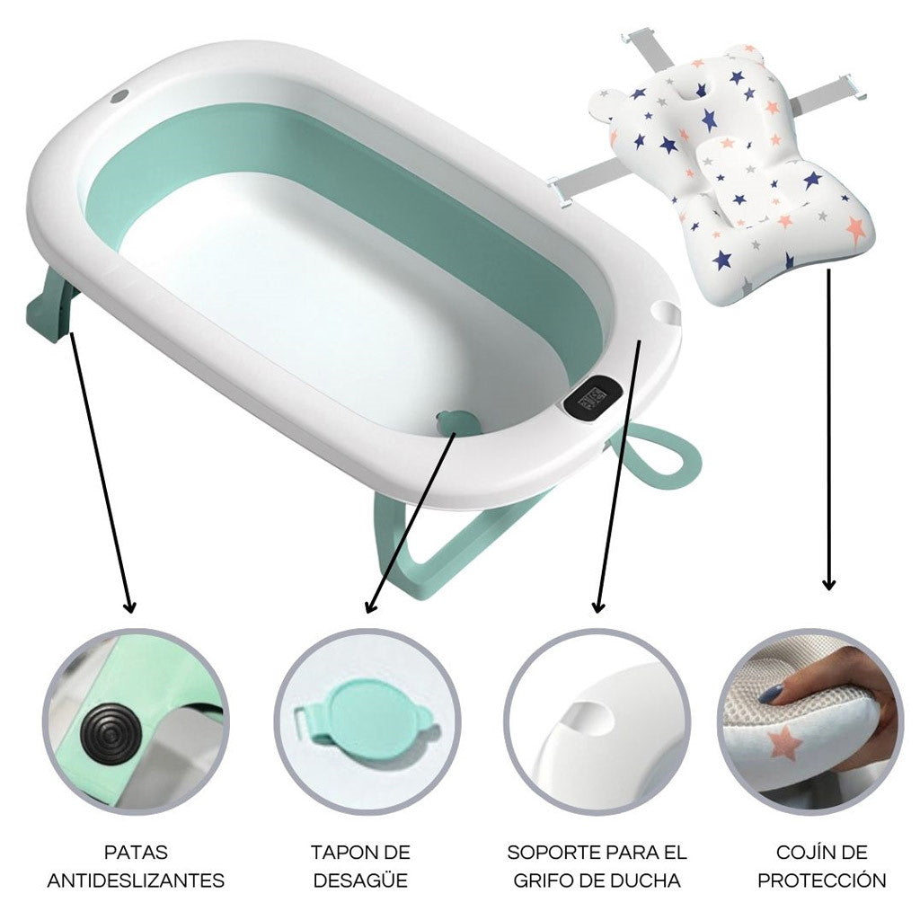 Bathby Bañera Plegable Verde Para Bebés, Cojín Reductor, Termómetro, Patas Antideslizantes (verde Pastel)