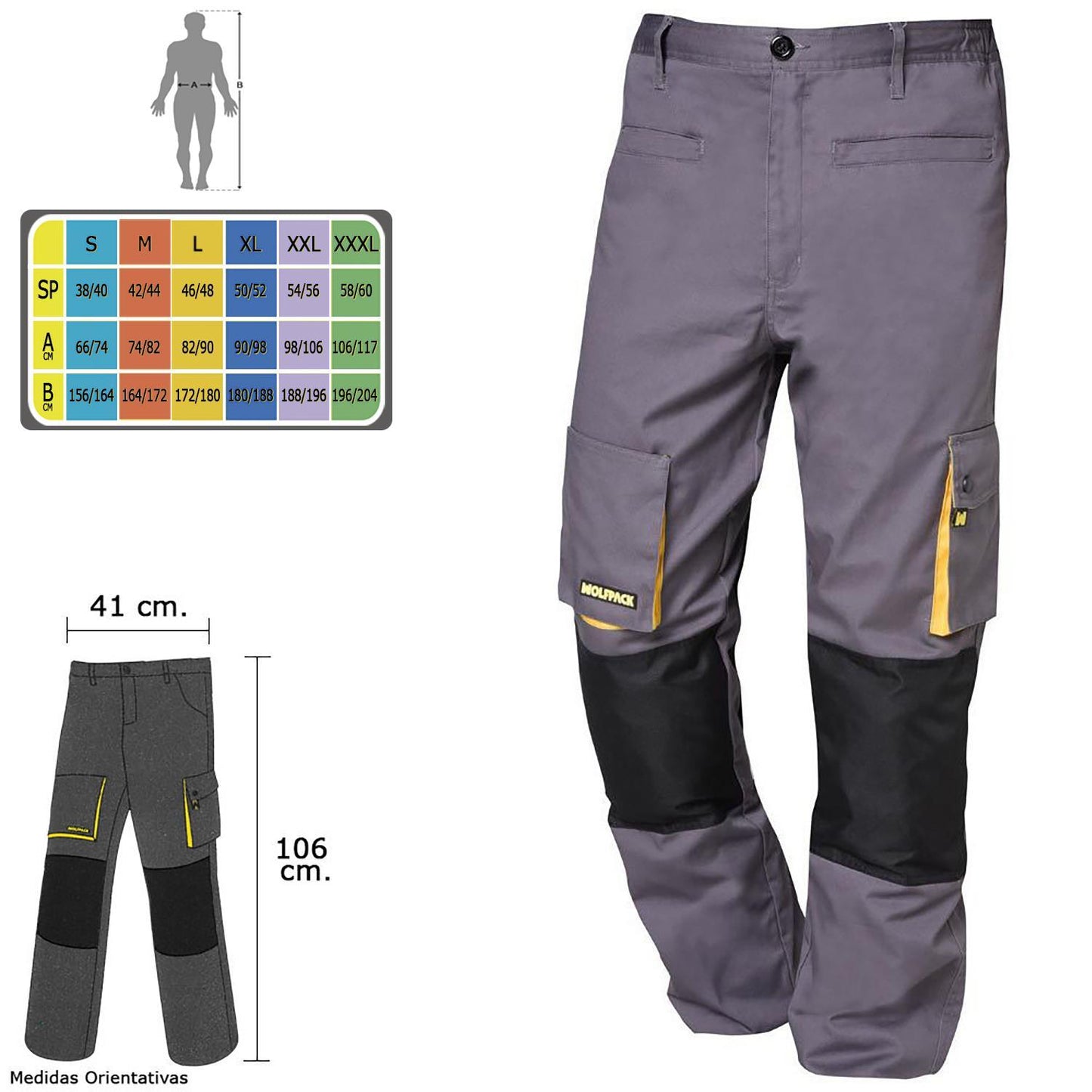 Pantalones Largos Detrabajo, Multibolsillos, Resistentes, Rodilla Reforzada, Gris/amarillo Talla 42/44 M_1