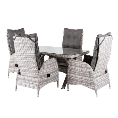 Conjunto Muebles Exterior, Mesa 140x80 Cm Y 4 Sillones Reclinables, Aluminio Y Rattán Sintético Plano Color Gris, 4 Plazas, Cristal Templado 5 Mm_0