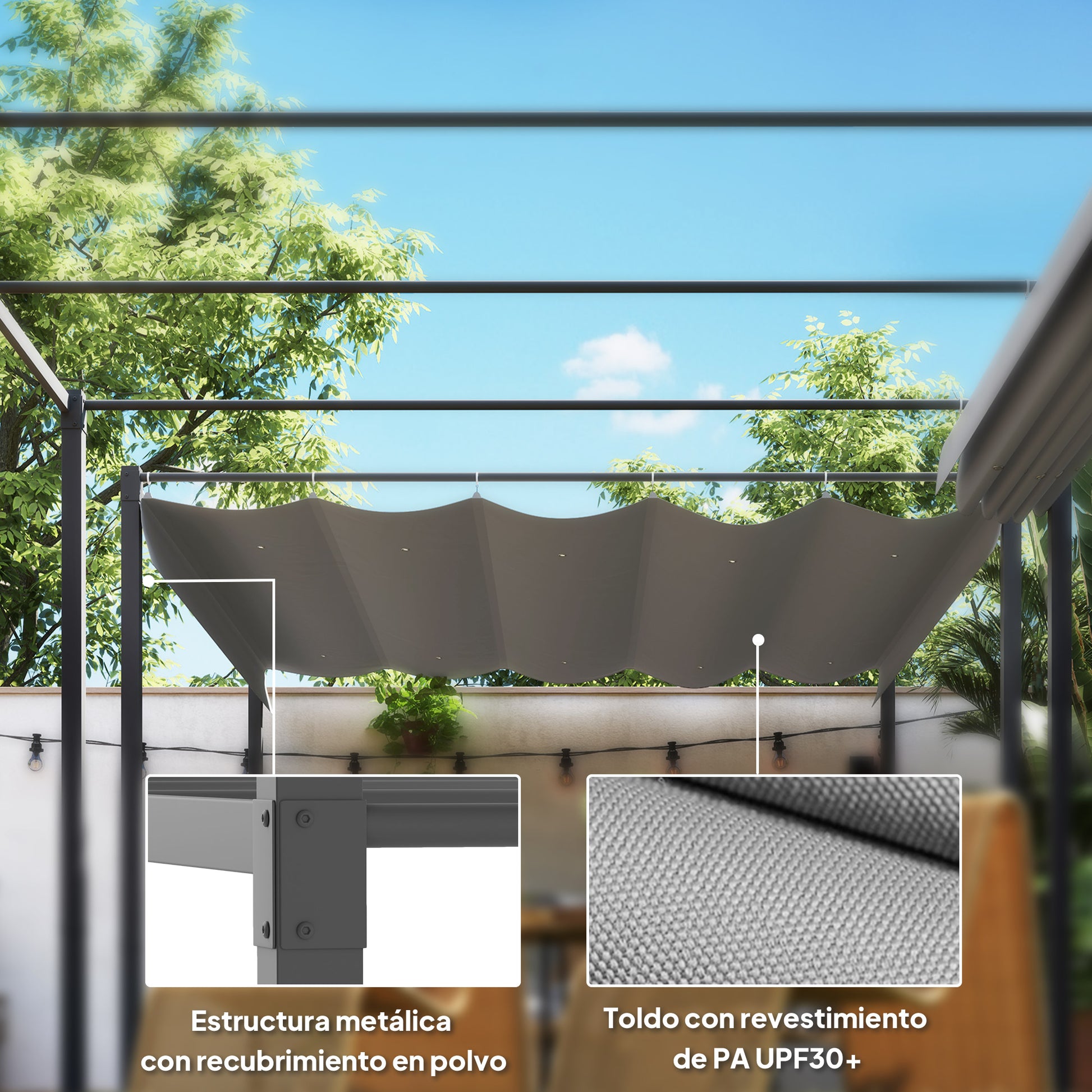 Outsunny Pérgola Con Techo Retráctil Pérgola De 3x3 M Con Cierre Magnético Gris_5