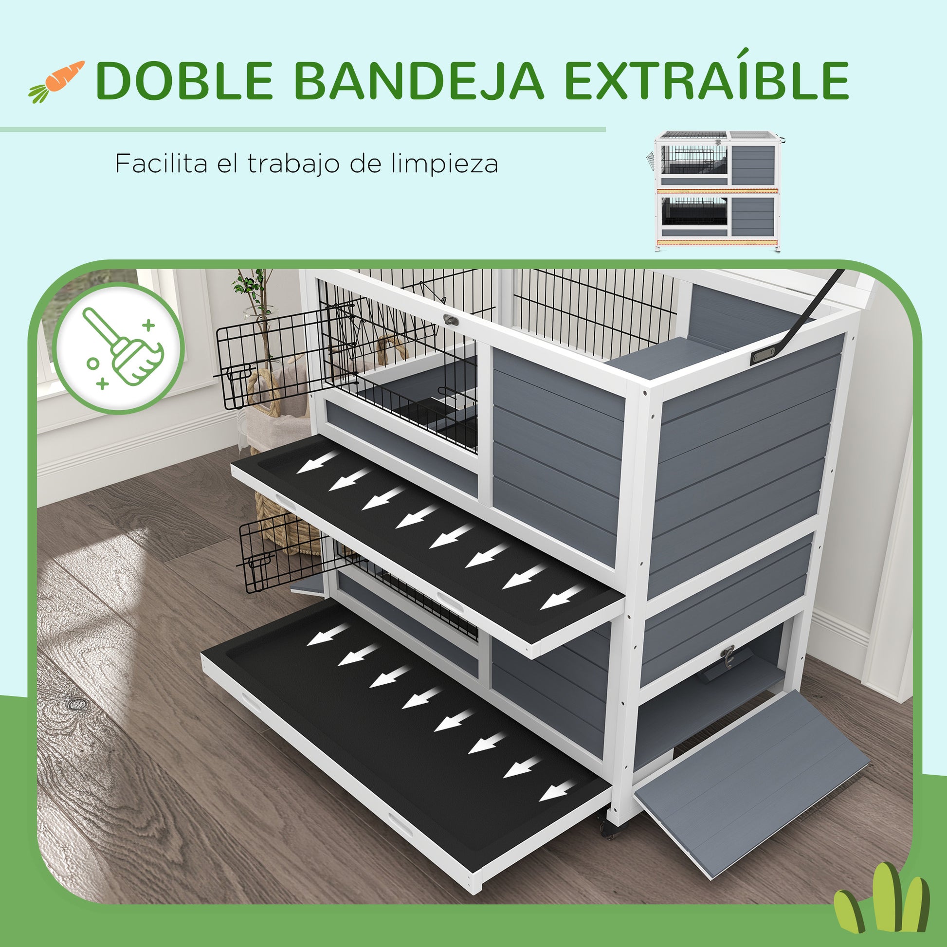 Pawhut Conejera De Madera De 2 Niveles Con Ruedas 90x53x97 Cm Gris_5