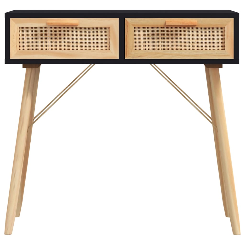 Mesa Consola Madera Pino Maciza Ratán Natural Negro 80x30x75 Cm_2