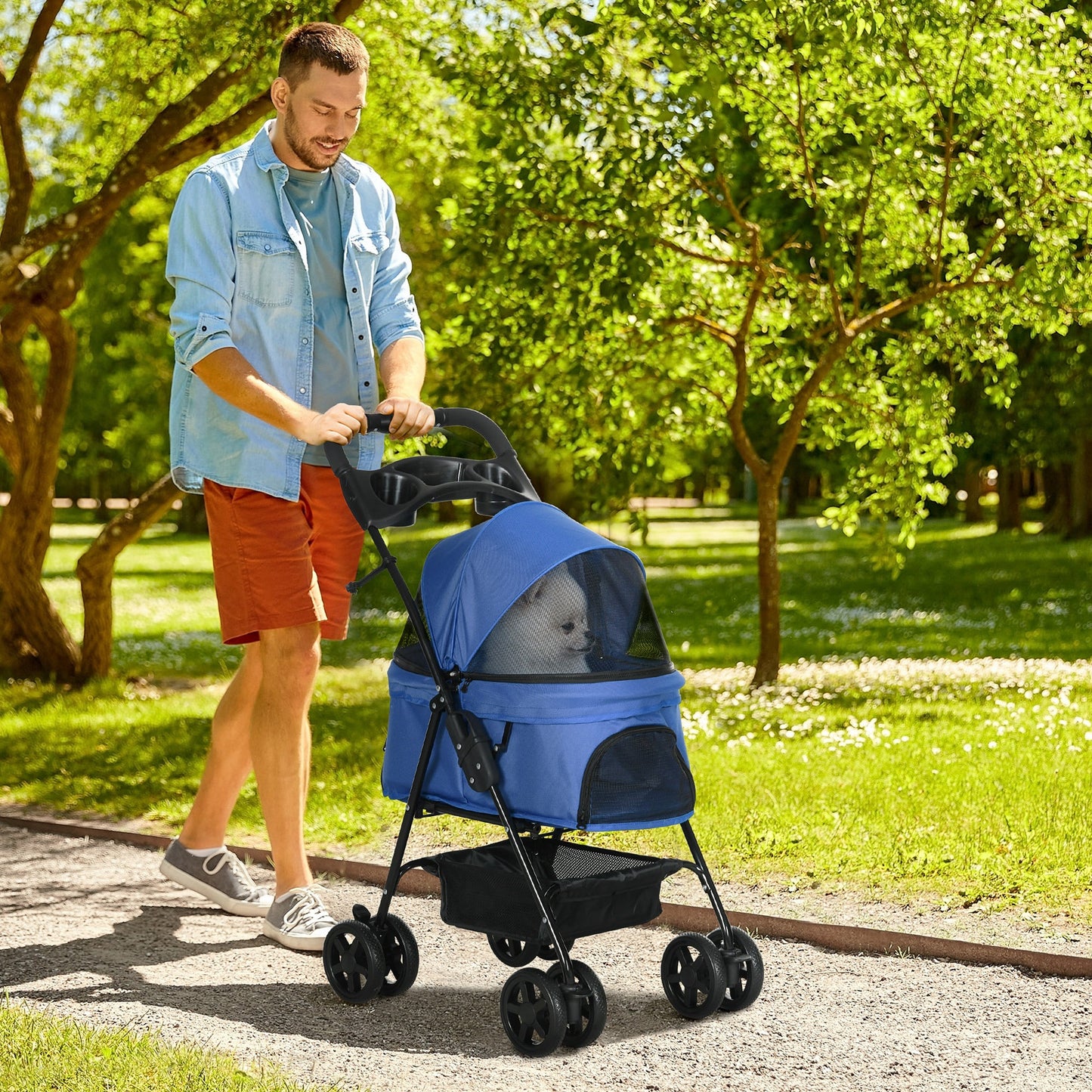 Pawhut Cochecito Para Perros Plegable Con Ruedas Universales 67x45x96 Cm Azul_1