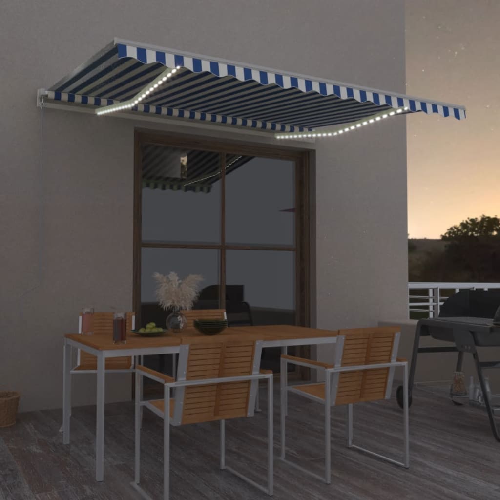 Toldo Retráctil Manual Con Led Azul Y Blanco 450x350 Cm_1