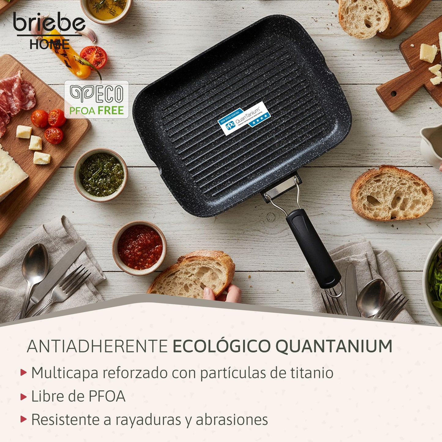 Briebe Grill Asador, Inducción, Antiadherente Titanio 34x24cm Aluminio Fundido Sin Pfoa Mango Plegable, Gp1160, Negro_3