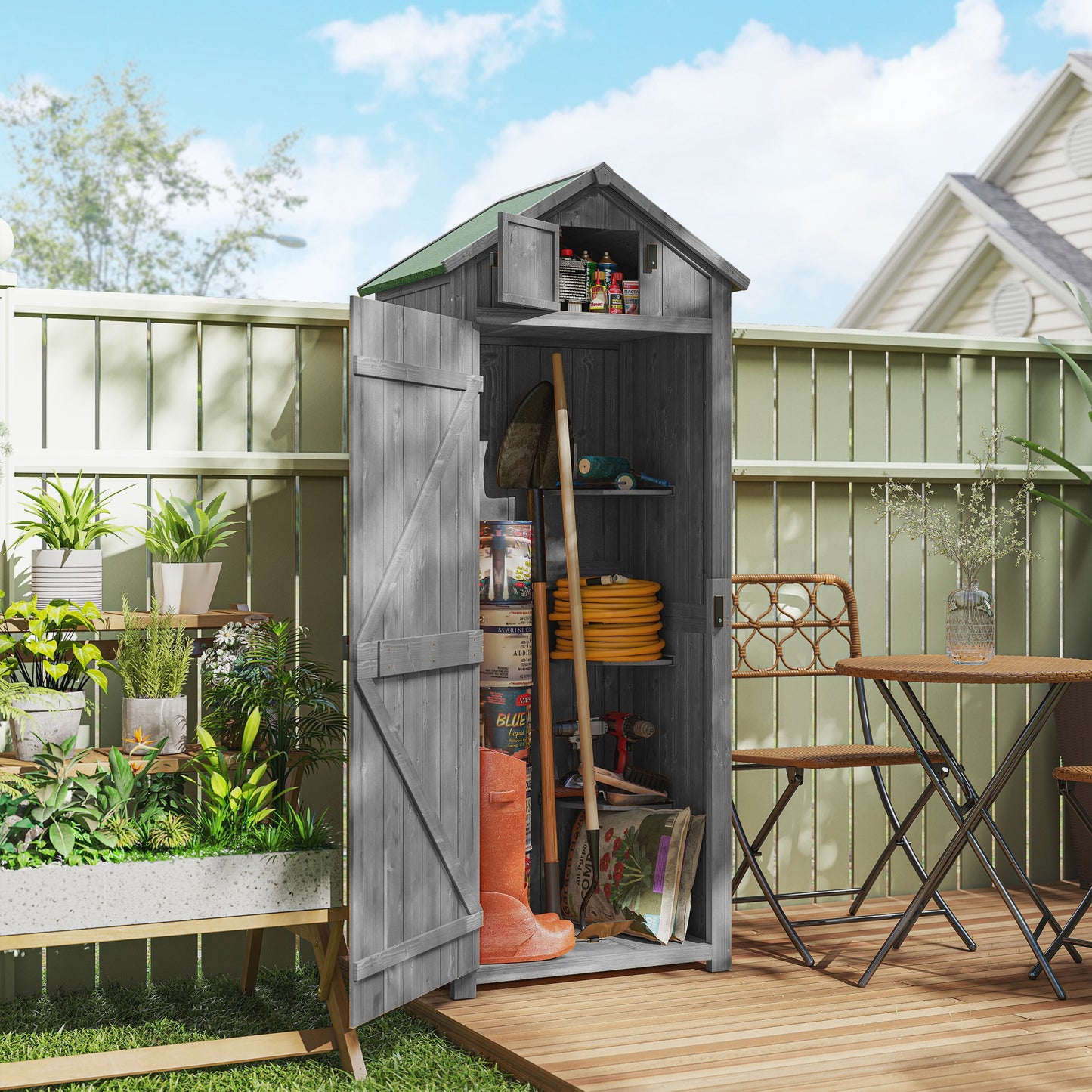 Outsunny Armario De Jardín De Madera Con 3 Estantes 0,3 M² 77x54,2x179cm Gris_1