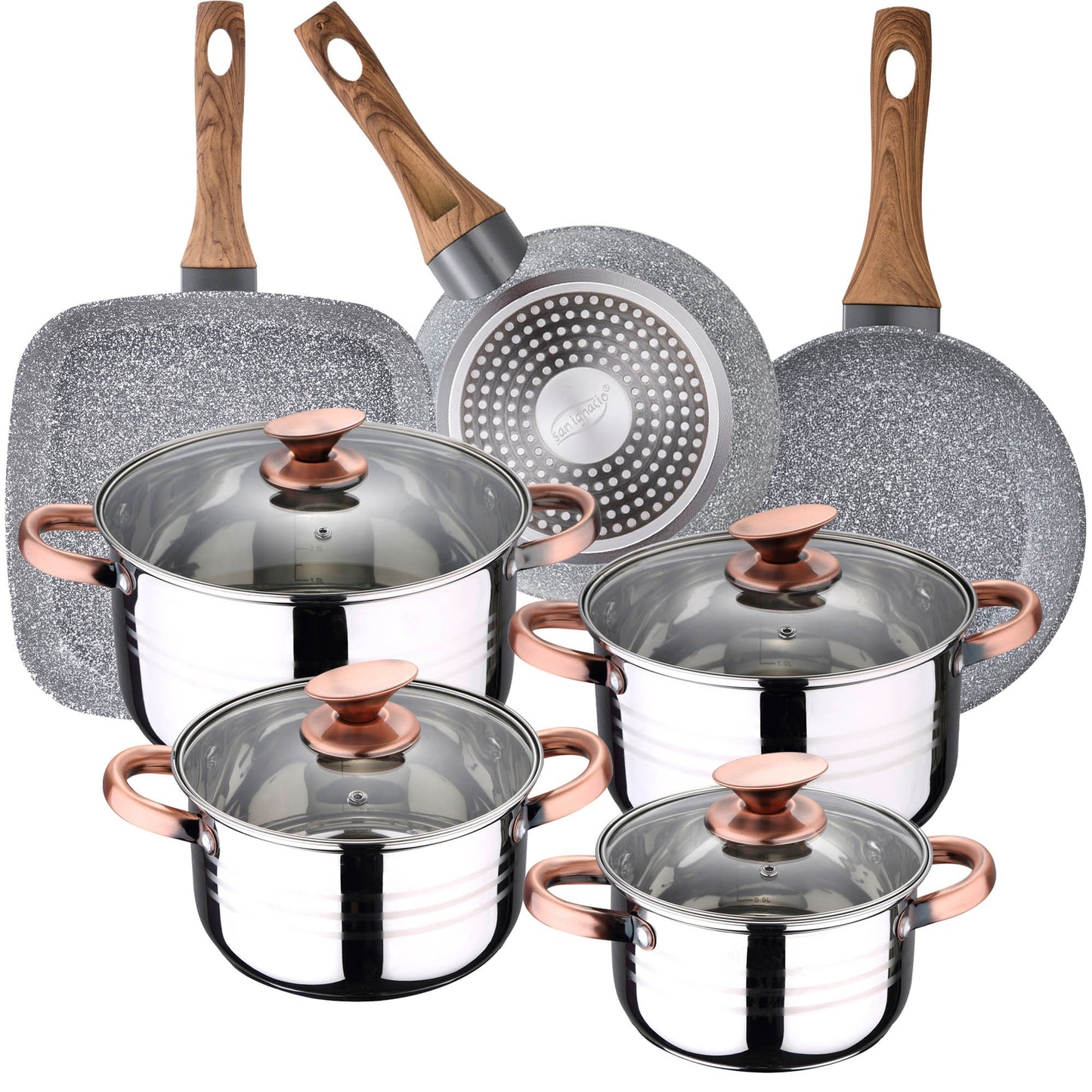 Batería de Cocina San Ignacio Premium Nona 8 Pzas Acero Inoxidable con Sartenes (18/22 cm) y Grill 28x28 cm_0
