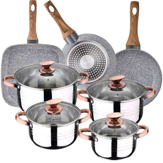 Batería de Cocina San Ignacio Premium Nona 8 Pzas Acero Inoxidable con Sartenes (18/22 cm) y Grill 28x28 cm_0