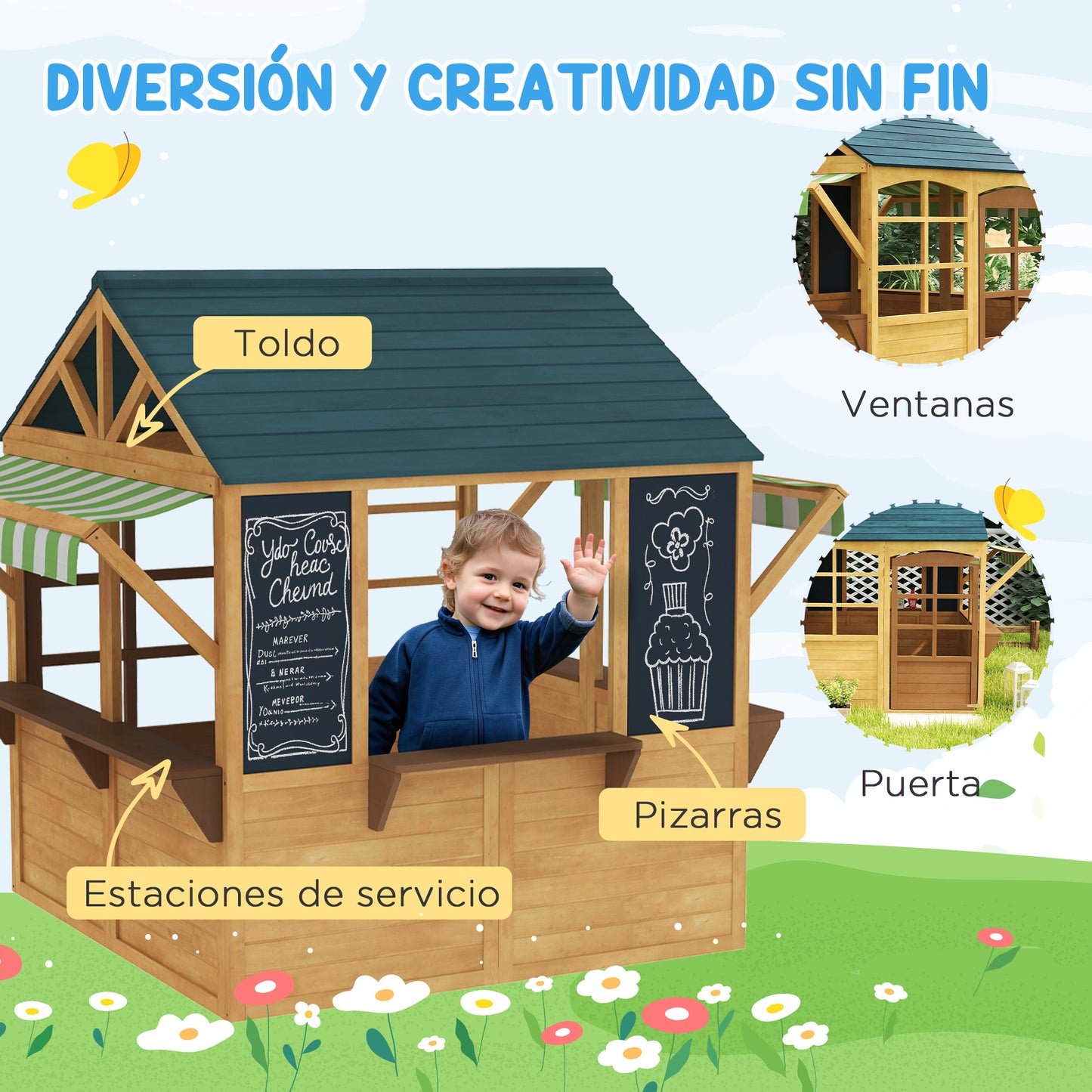 Aiyaplay Casita Infantil Exterior De Madera Con 2 Pizarras Ventanas Natural_5