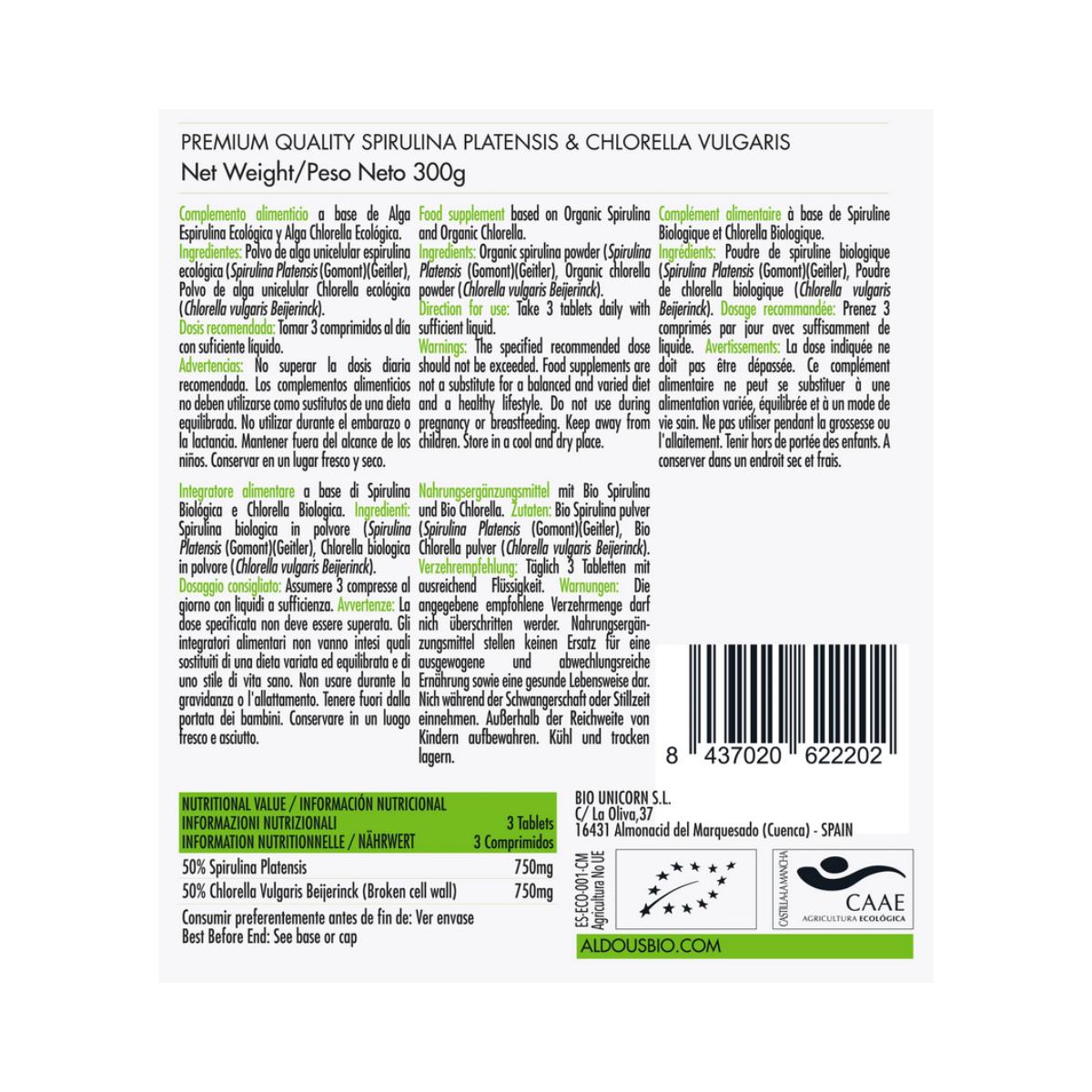 Mix de Espirulina y Chlorella Ecológica, 600 comp. Aldous Bio