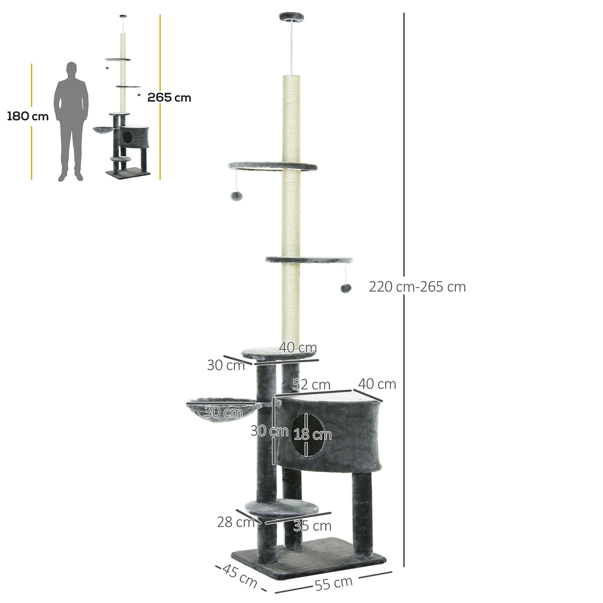 Pawhut Árbol Rascador Para Gatos De 220-265 Cm Altura Ajustable Al Techo Gris_2