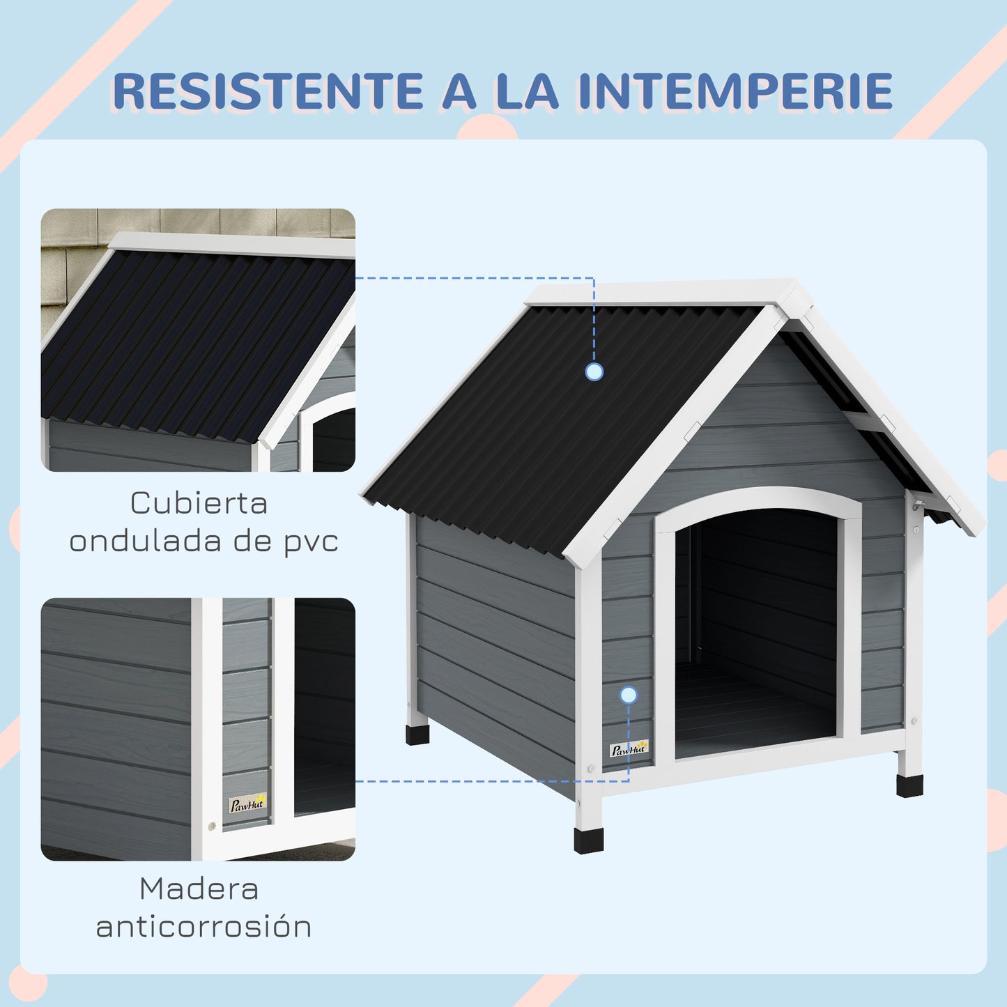 Pawhut Caseta Para Perros 75x88x82 Cm Con Techo De Tejas De Imitación Gris_5