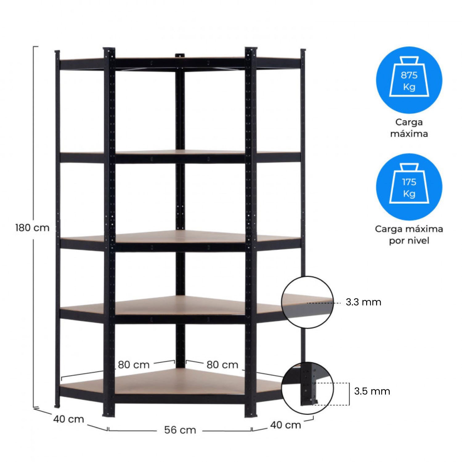 Estantería Esquinera Modular 5 Baldas Ajustables 180x80x40x56cm 875kg O91_5