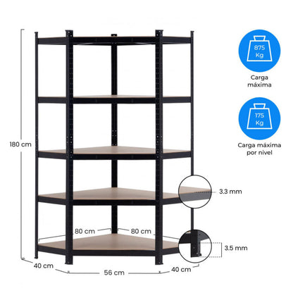 Estantería Esquinera Modular 5 Baldas Ajustables 180x80x40x56cm 875kg O91_5