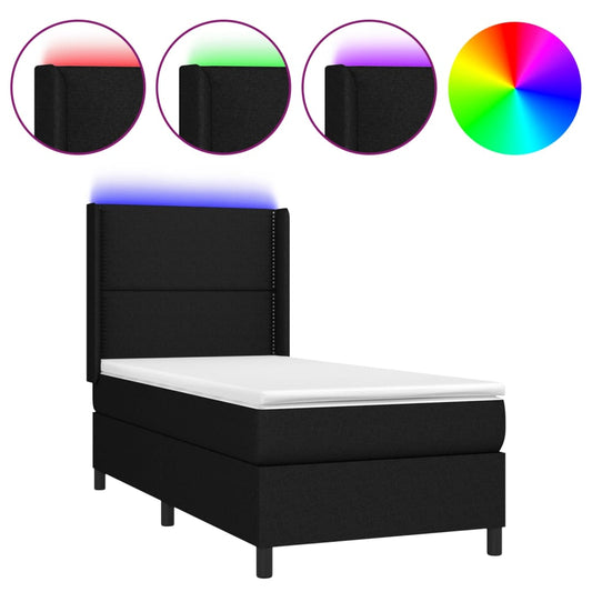 Cama Box Spring Colchón Y Luces Led Tela Negro 90x190 Cm / Vetonek_0