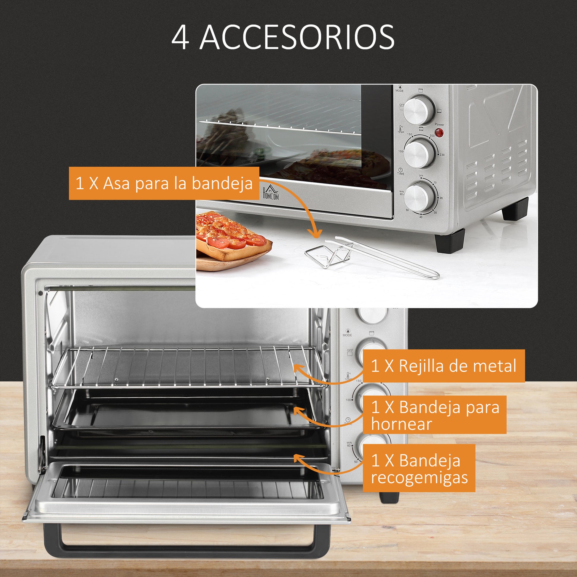 Homcom Mini Horno Eléctrico 32l 1600w 52,2x38,1x33,5 Cm Plata_5
