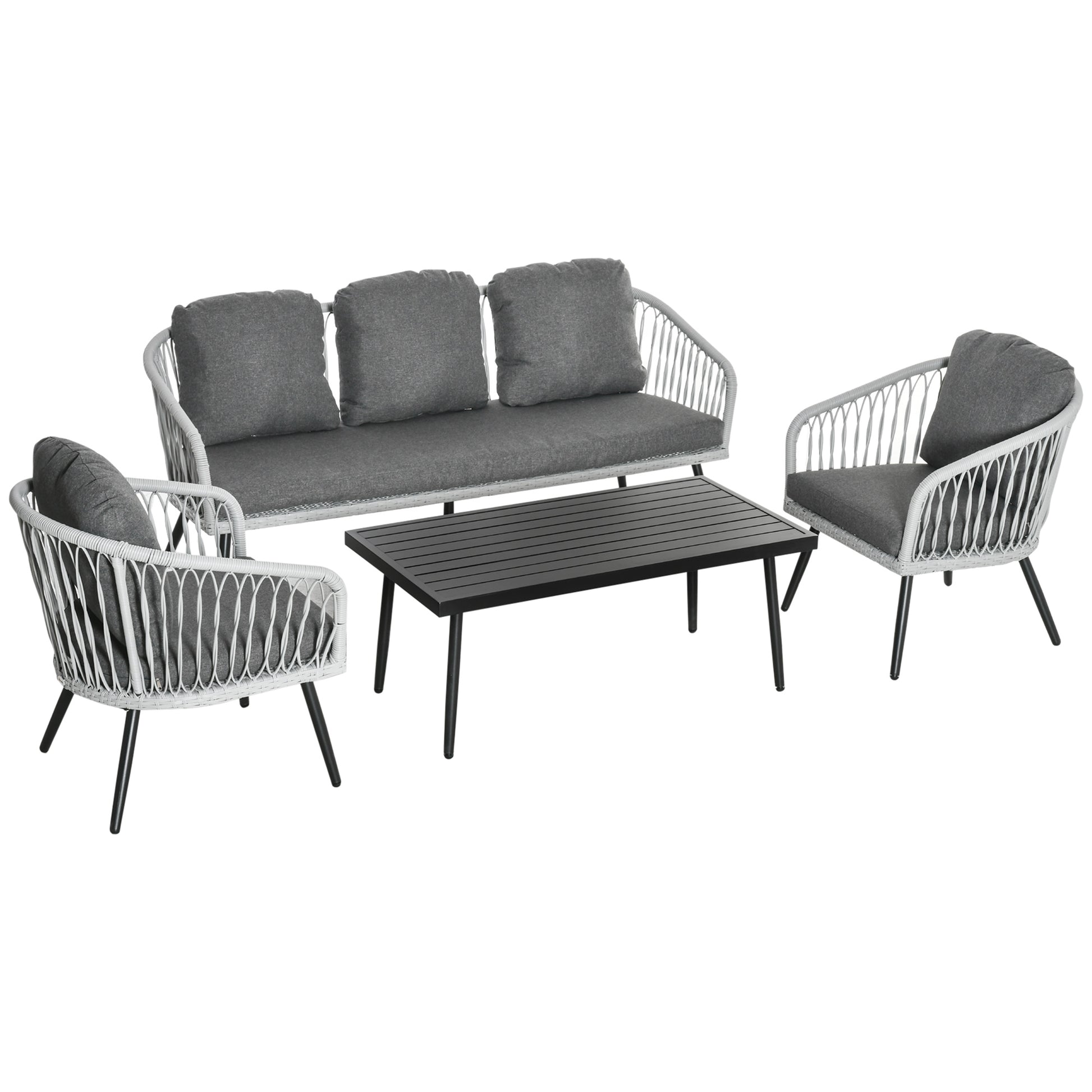 Outsunny Conjunto Muebles Ratán Jardín Mesa Sofá De 3 Plazas Y 2 Sillones Gris_0