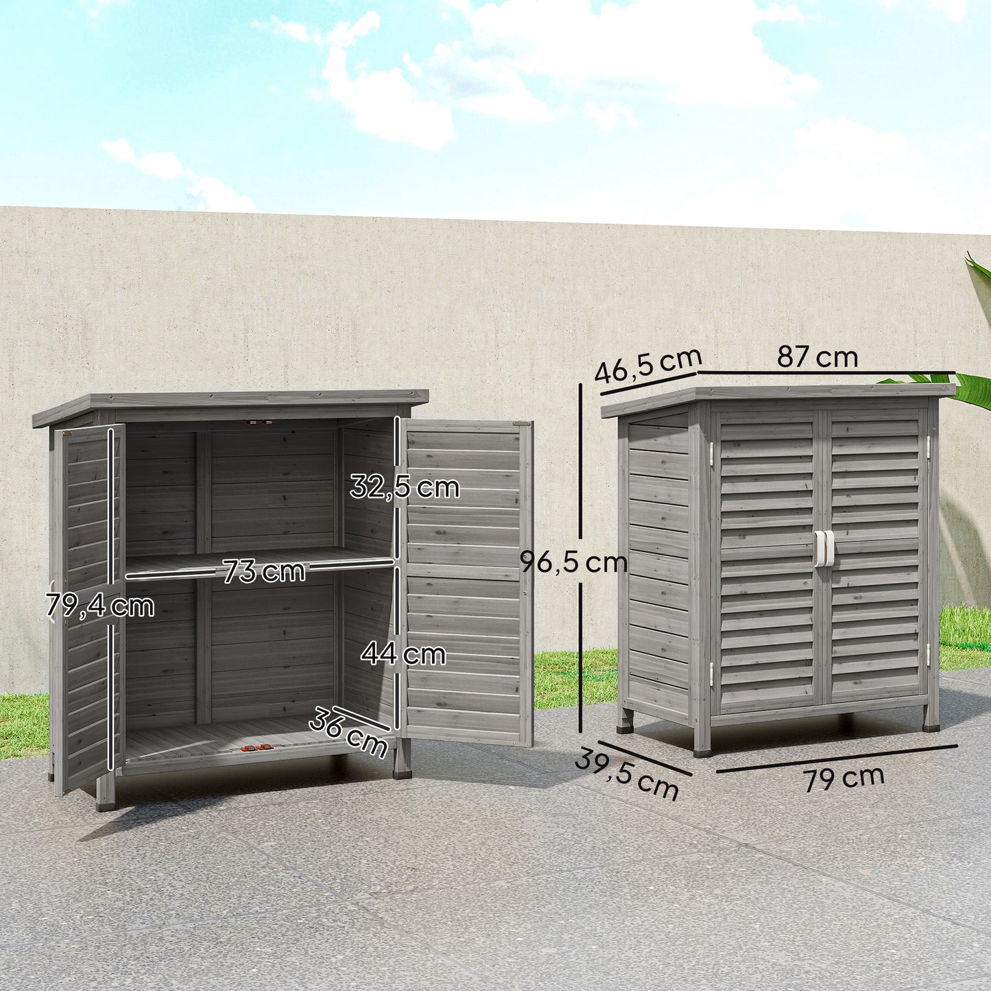 Outsunny Cobertizo Almacenamiento Madera Jardín 2 Estantes Interiores Gris_2