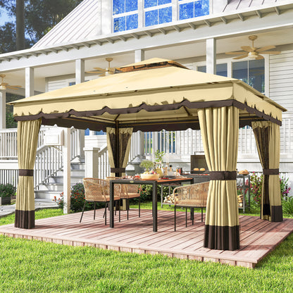 Outsunny Cenador De Jardín 3,7x3 M Con Doble Techo 4 Cortinas Y Mosquitera Beige_1