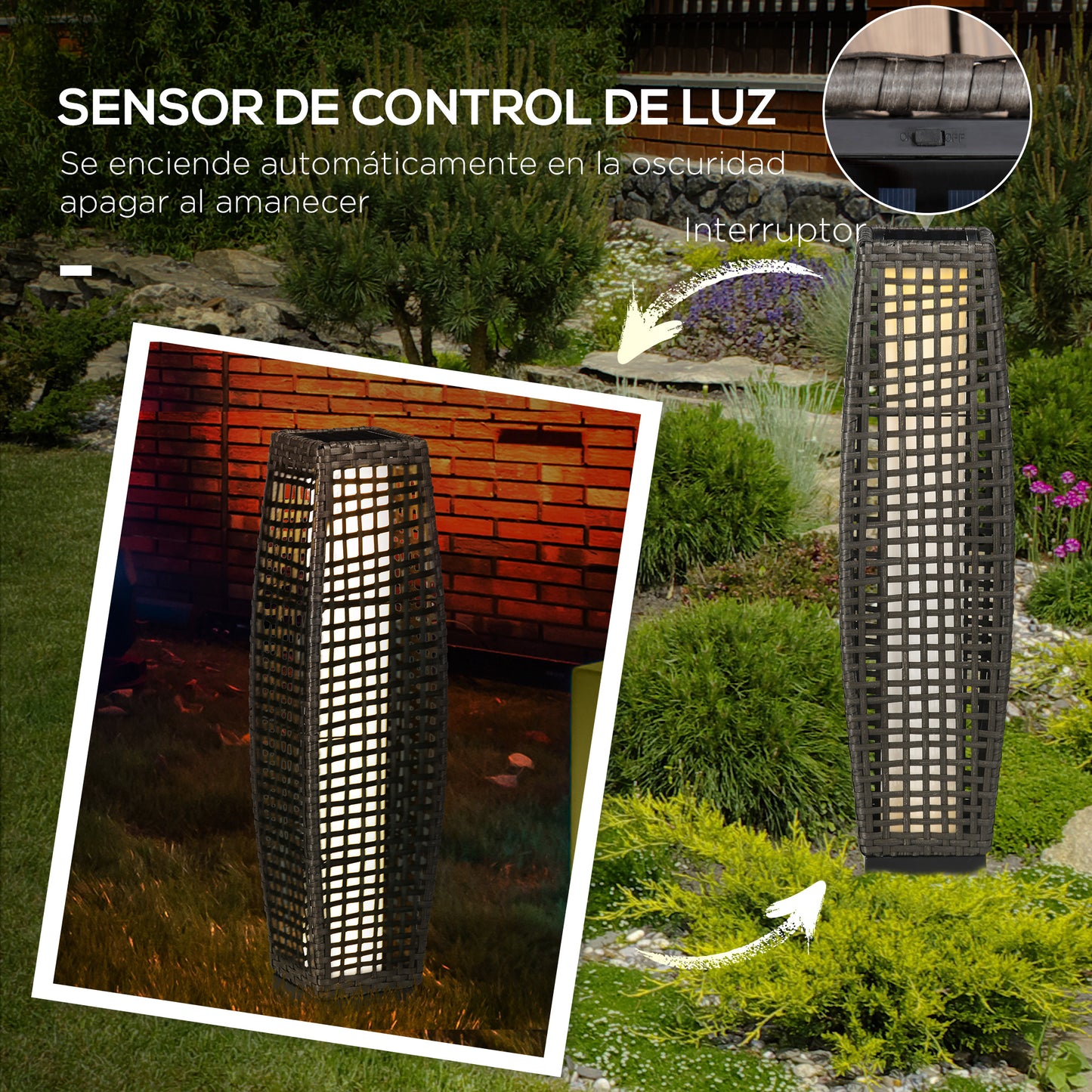 Outsunny Lámpara Solar De Jardín De Ratán Sintético Con Luces Led 21x21x78 Cm_5