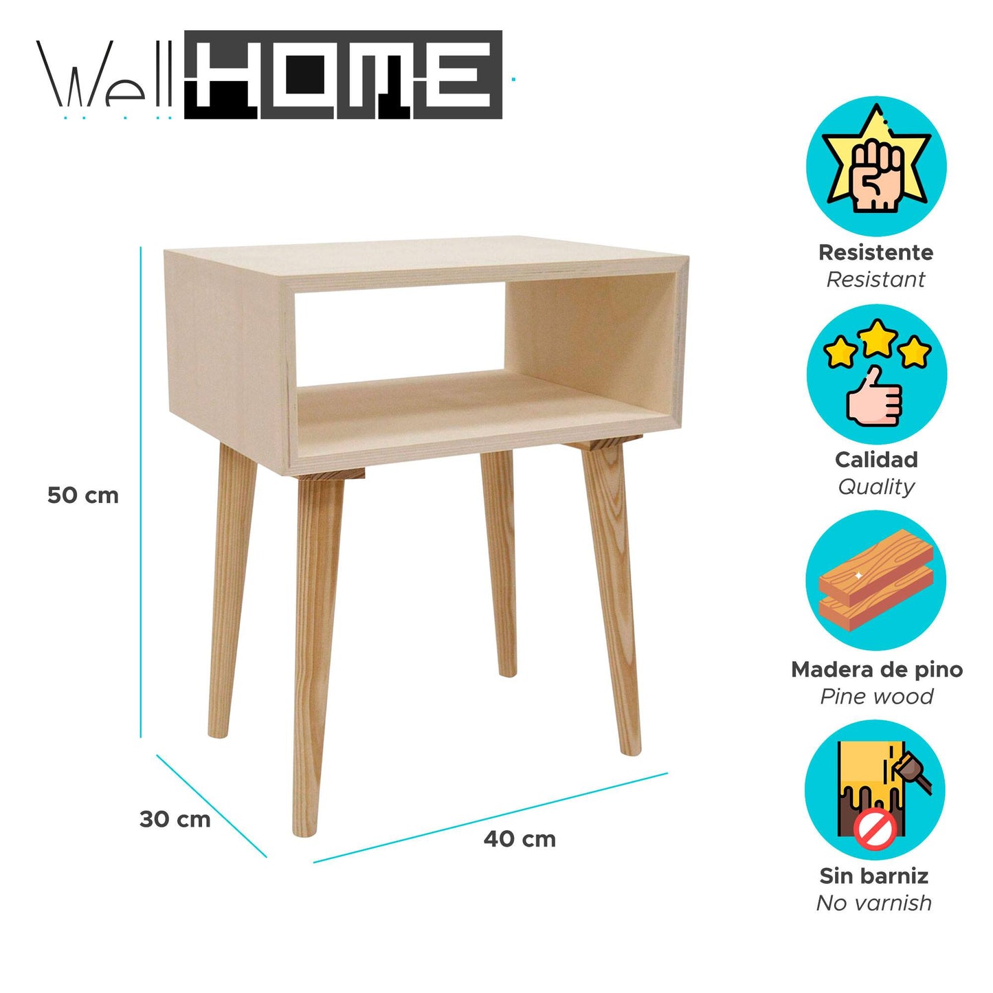 Well Home - Mesa Mercury Sin Barniz 40x30x50cm