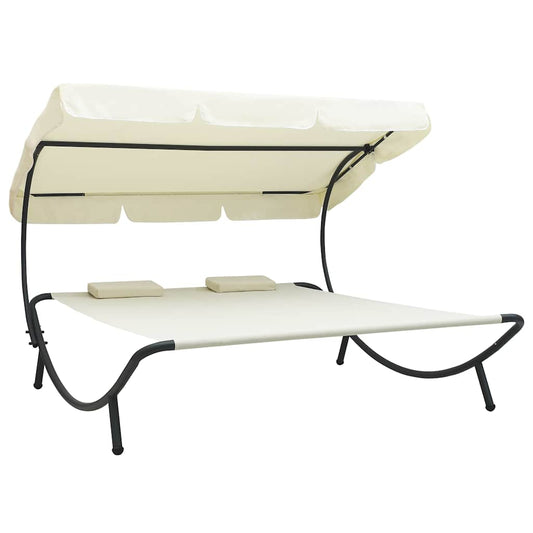 Vidaxl Tumbona De Exterior Con Dosel Y Almohadas Blanco Crema_0