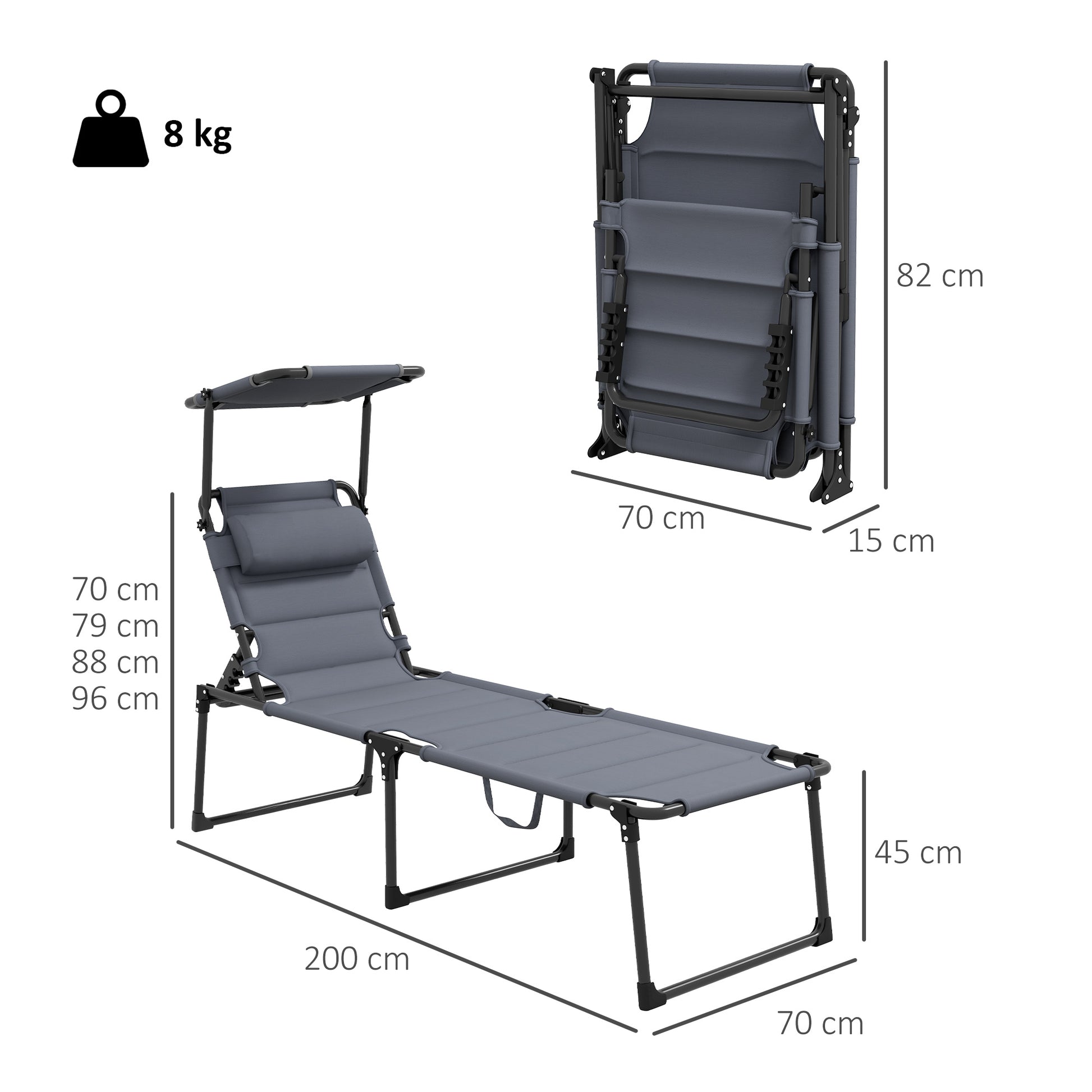Outsunny Tumbona Plegable Con Respaldo Regulable 70x200x45 Cm Gris_2