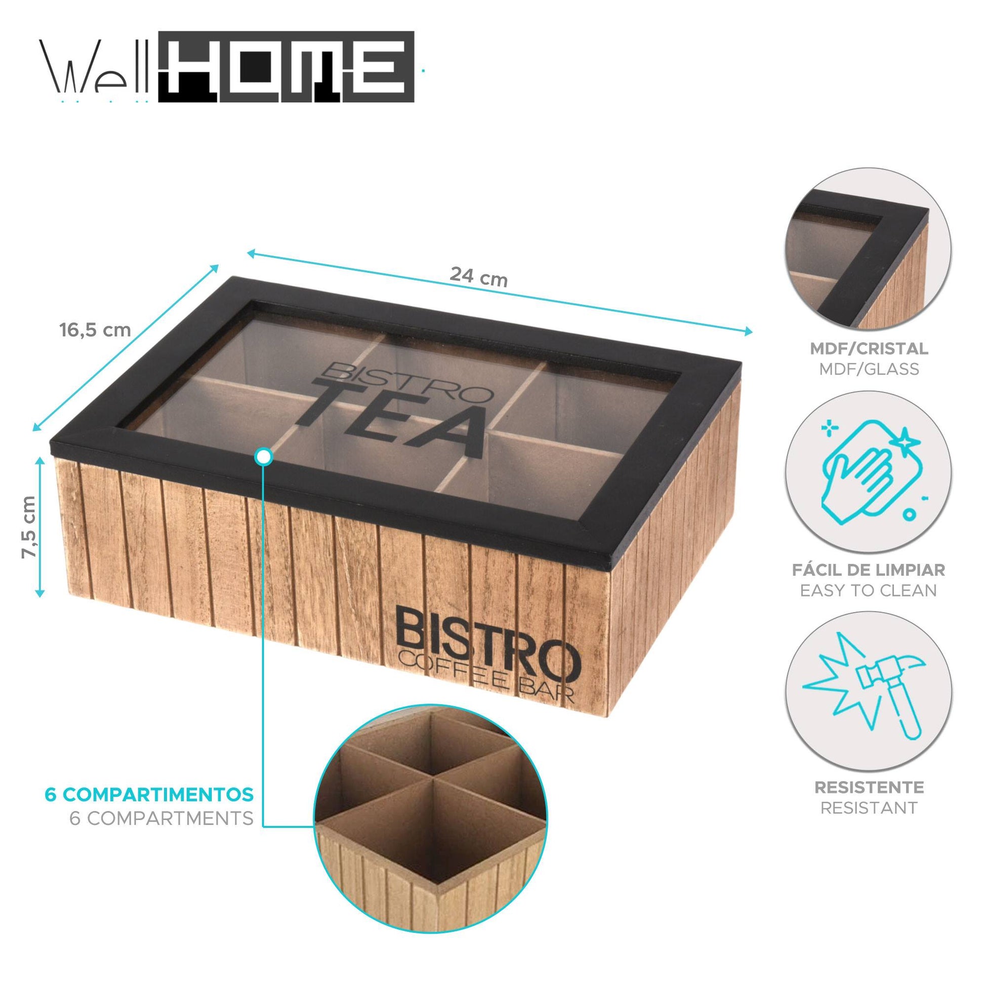Well Home Caja De Té Con 6 Compartimentos De Diseño Bistro En Mdf Con Tapa De Cristal  24x16,5x7,5cm_1
