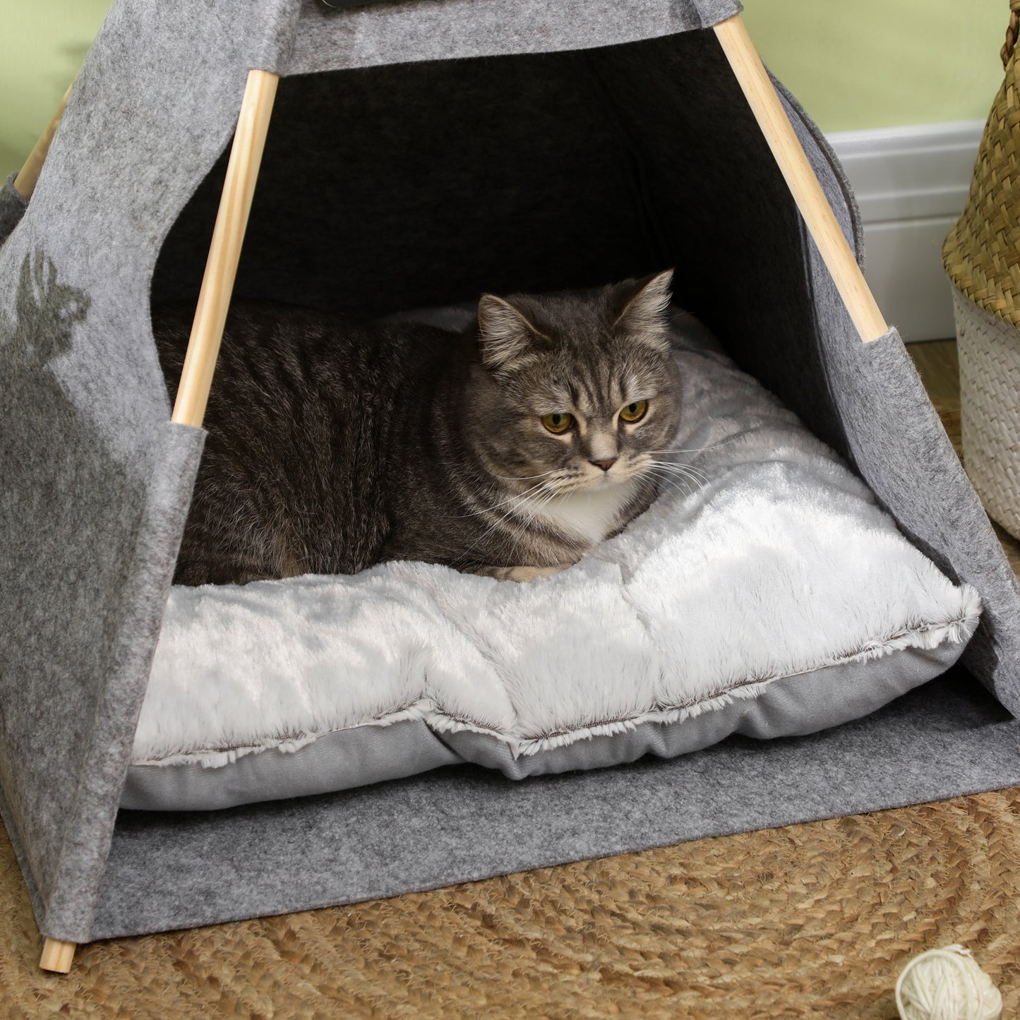 Pawhut Tipi Tienda Para Mascotas Cojín Extraíble Lavable Fieltro Madera_3
