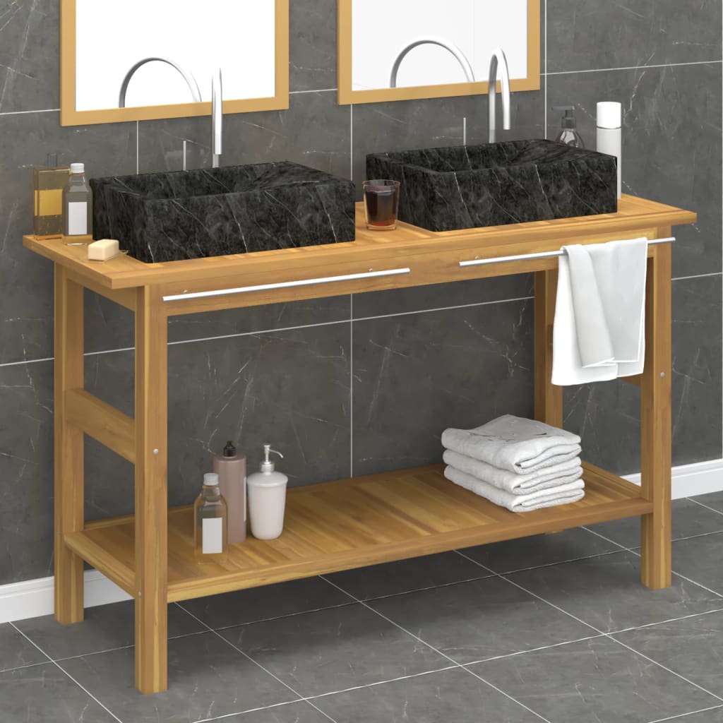 Tocador De Baño Madera Maciza De Teca Con Lavabos Mármol Negro_0
