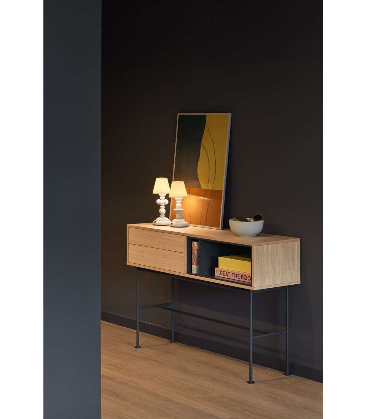 Consola Modelo Yoko 2 Cajones Acabado Roble/antracita, 120cm(ancho) 80cm(alto) 35cm (fondo_1