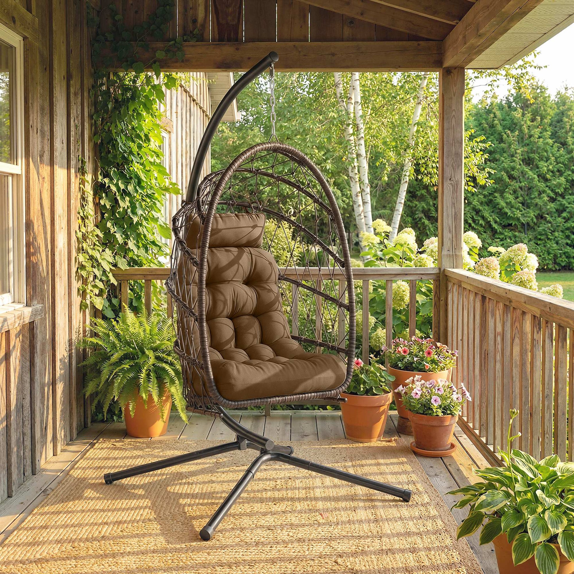 Outsunny Silla Colgante Huevo Con Soporte Cesta Plegable Cojín Marrón_1