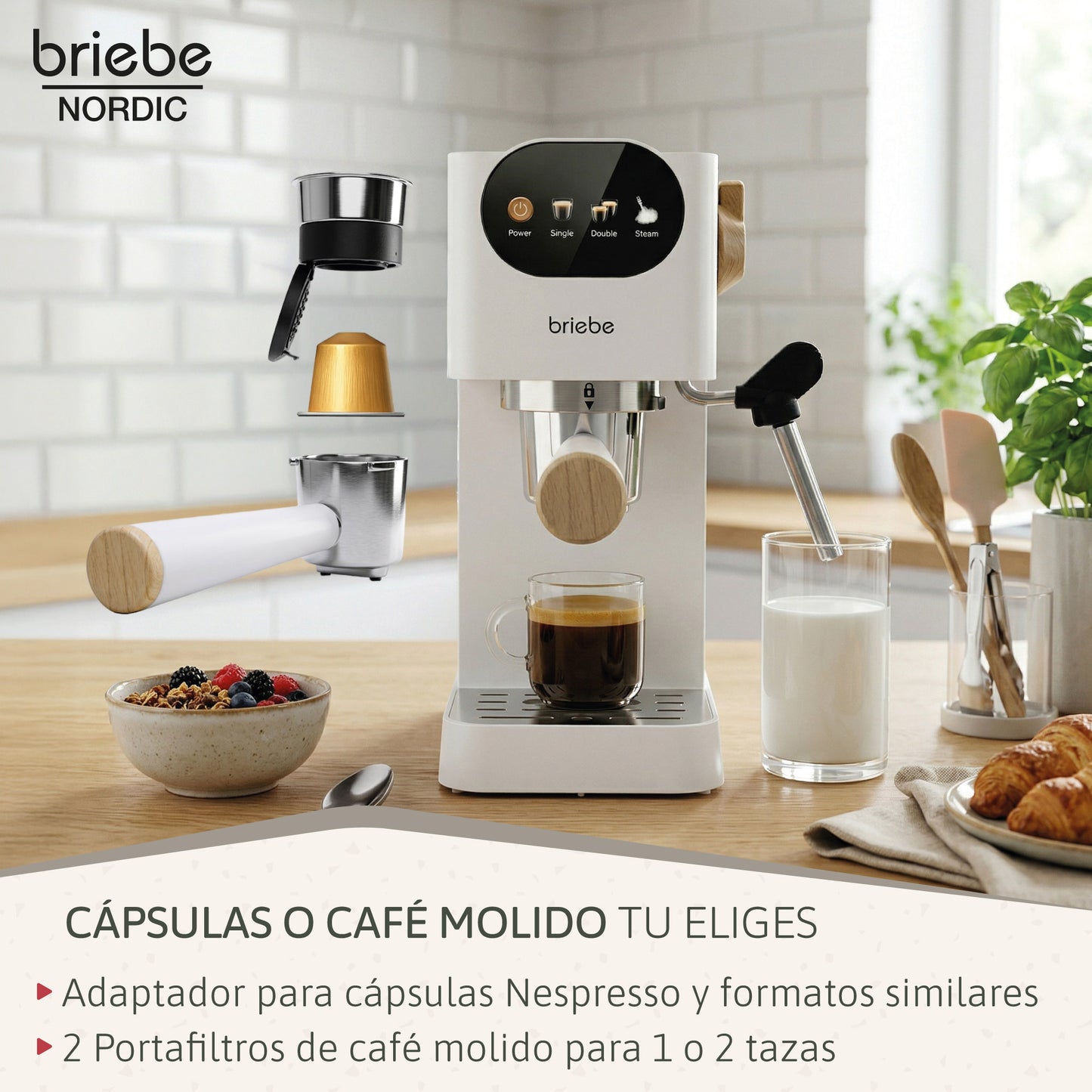 Briebe Nordic Set Cafetera 20 Bares Cápsulas,café Molido Espumador Leche Tostadora 2 Rebanadas Anchas,skt1221wht,blanco_5
