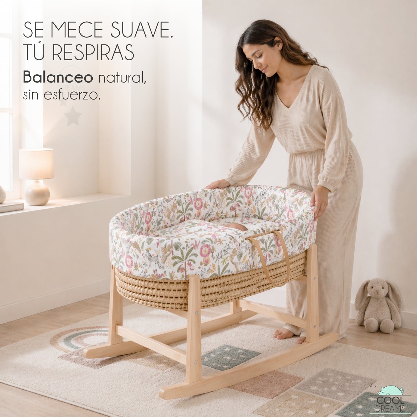 Moisés Completo Para Bebé (vestidura De Algodón Safari Jungle + Colchón + Estructura Balancín + 2 Bajeras Impermeables)_3