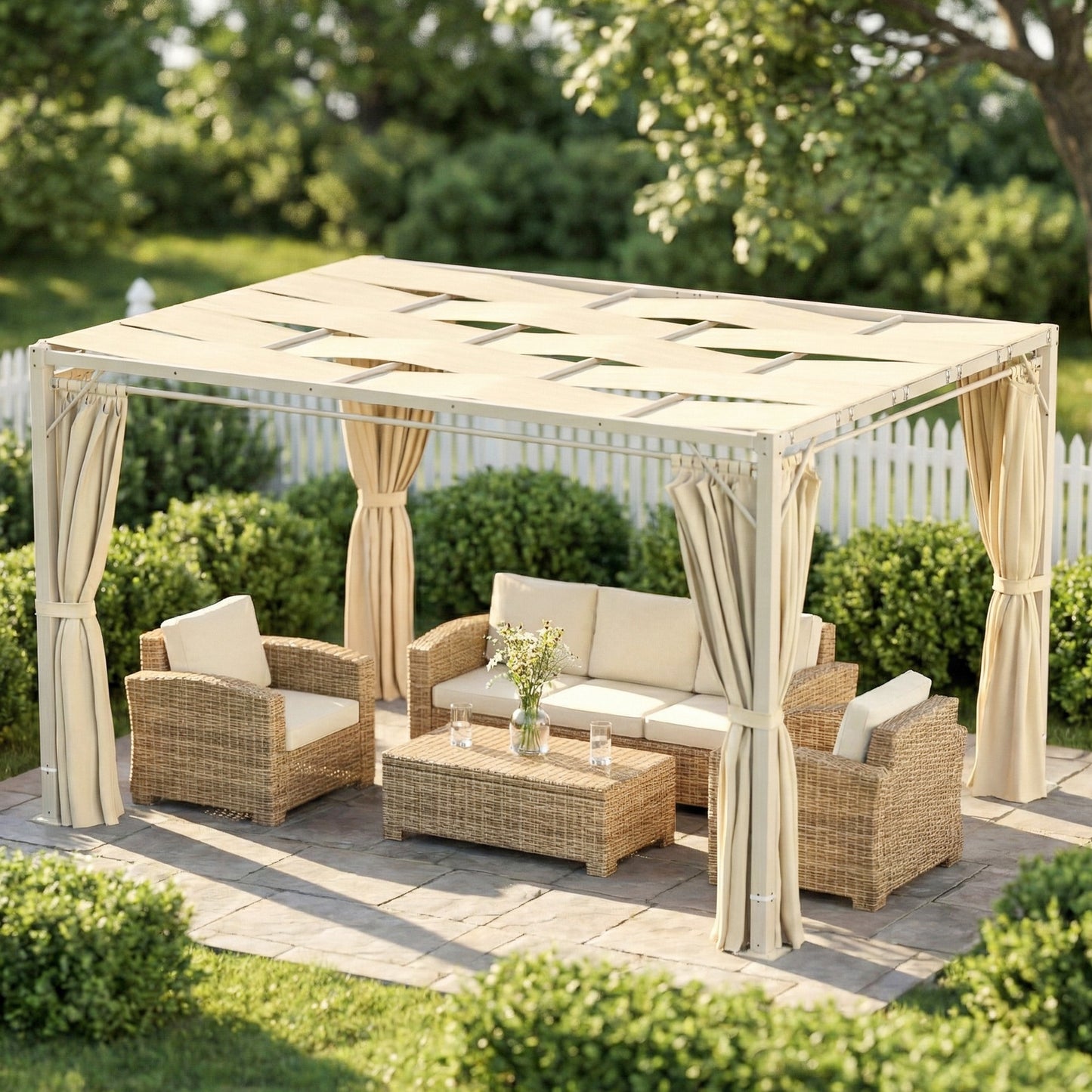 Outsunny Pérgola De Jardín 3x4 M Con Techo Ondulado Upf50+ Y Cortinas Beige_3