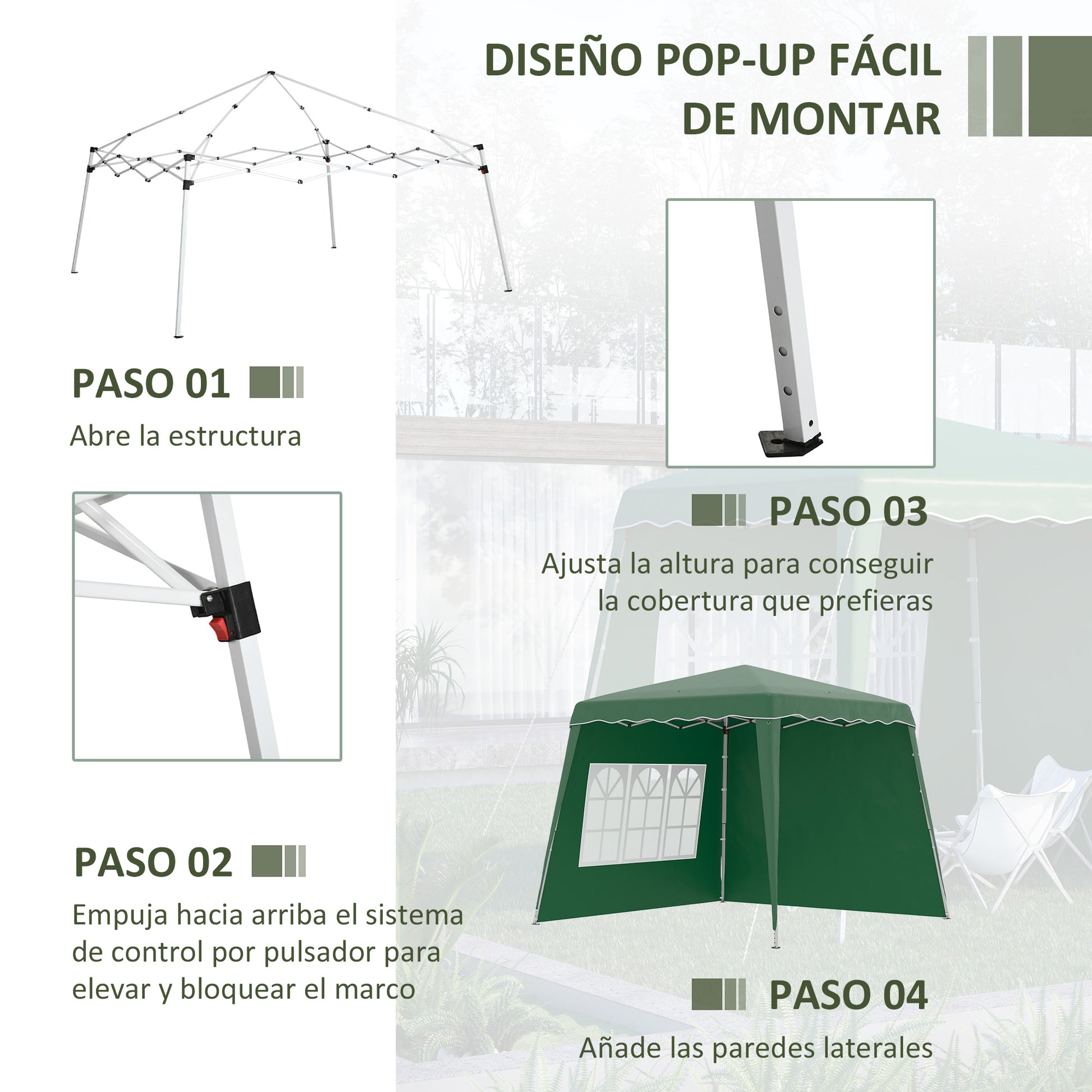 Outsunny Carpa Plegable 2 Paredes Laterales 2,89x2,89 M Altura Ajustable Verde_4