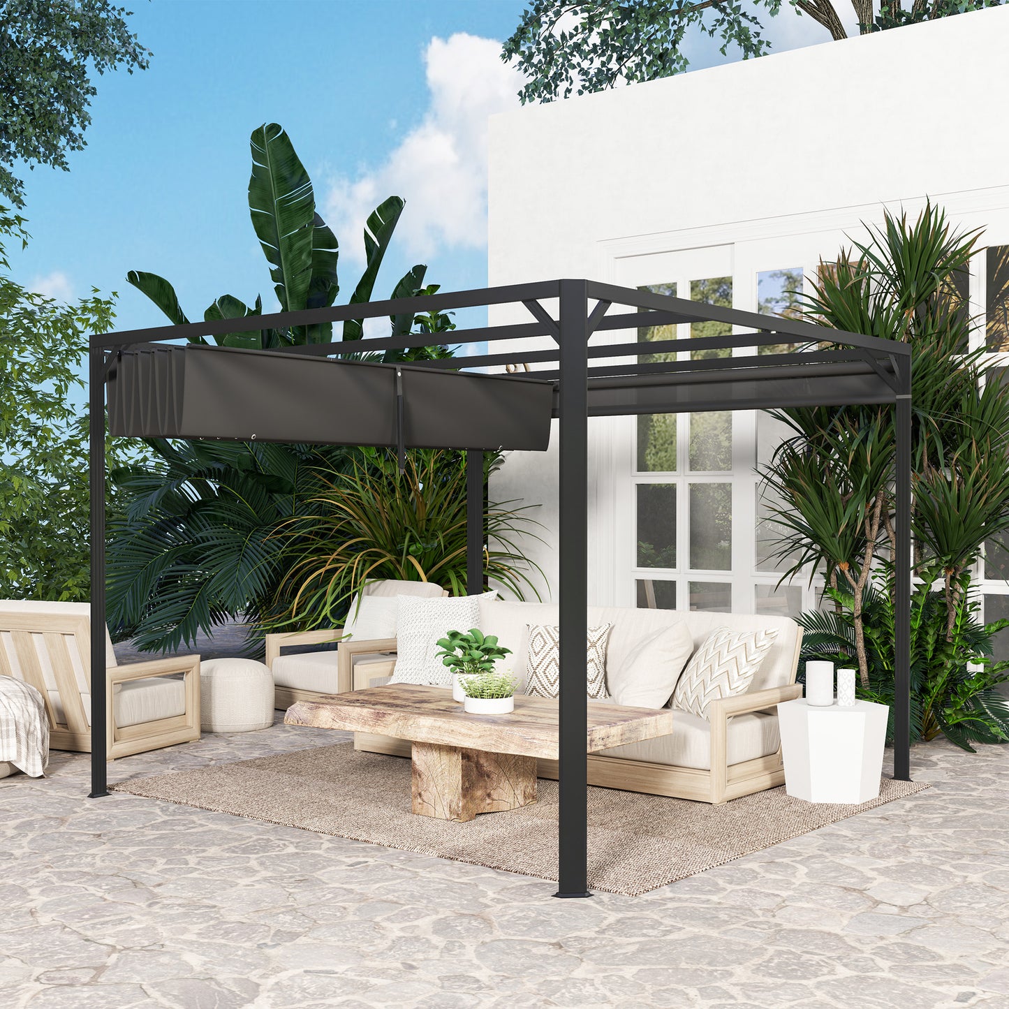 Outsunny Pérgola De Jardín 3x3 M Con Techo Retráctil Y Lateral Enrollable Gris_4