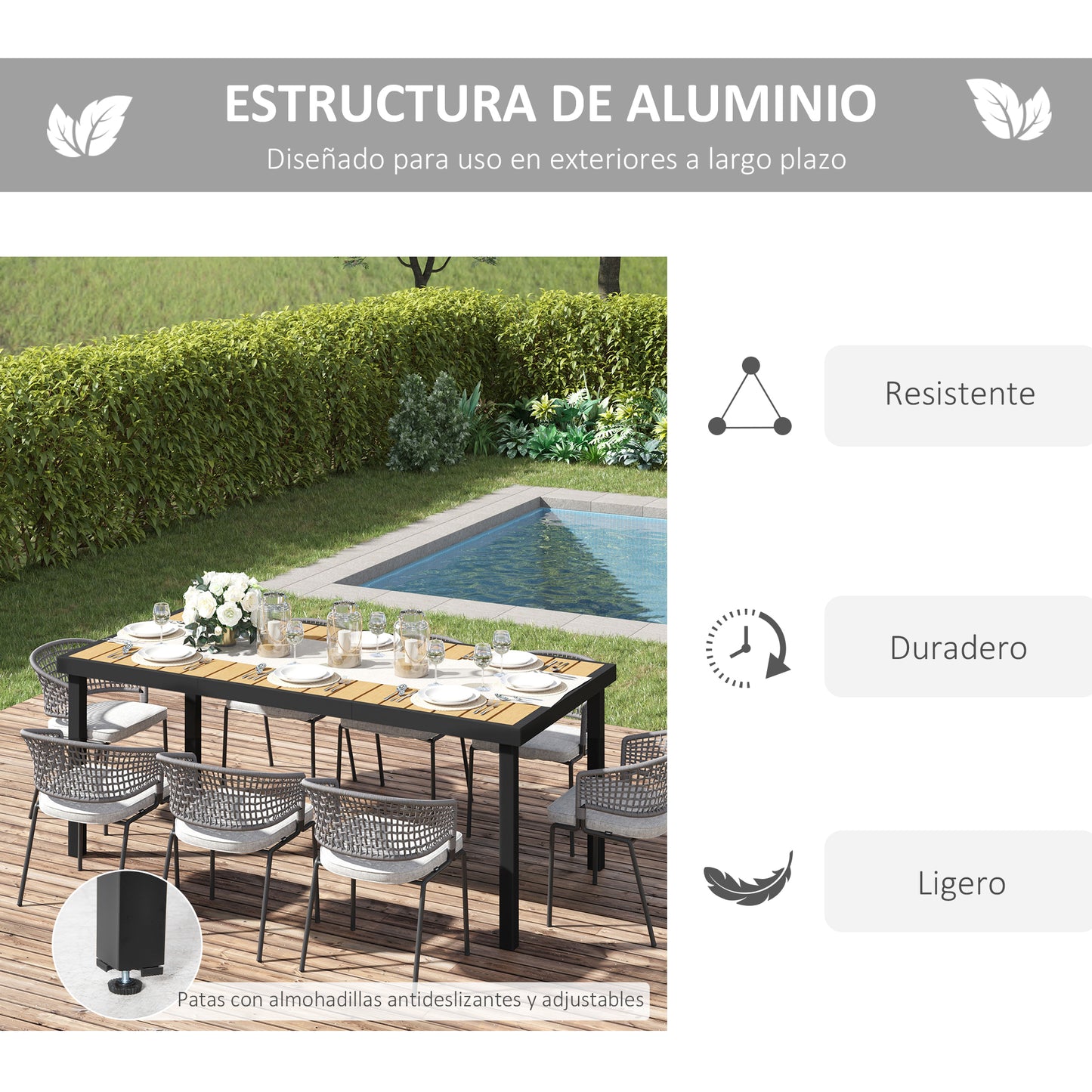 Outsunny Mesa De Jardín Mesa De Comedor De Aluminio Para 8 Personas 190x90x74 Cm_4