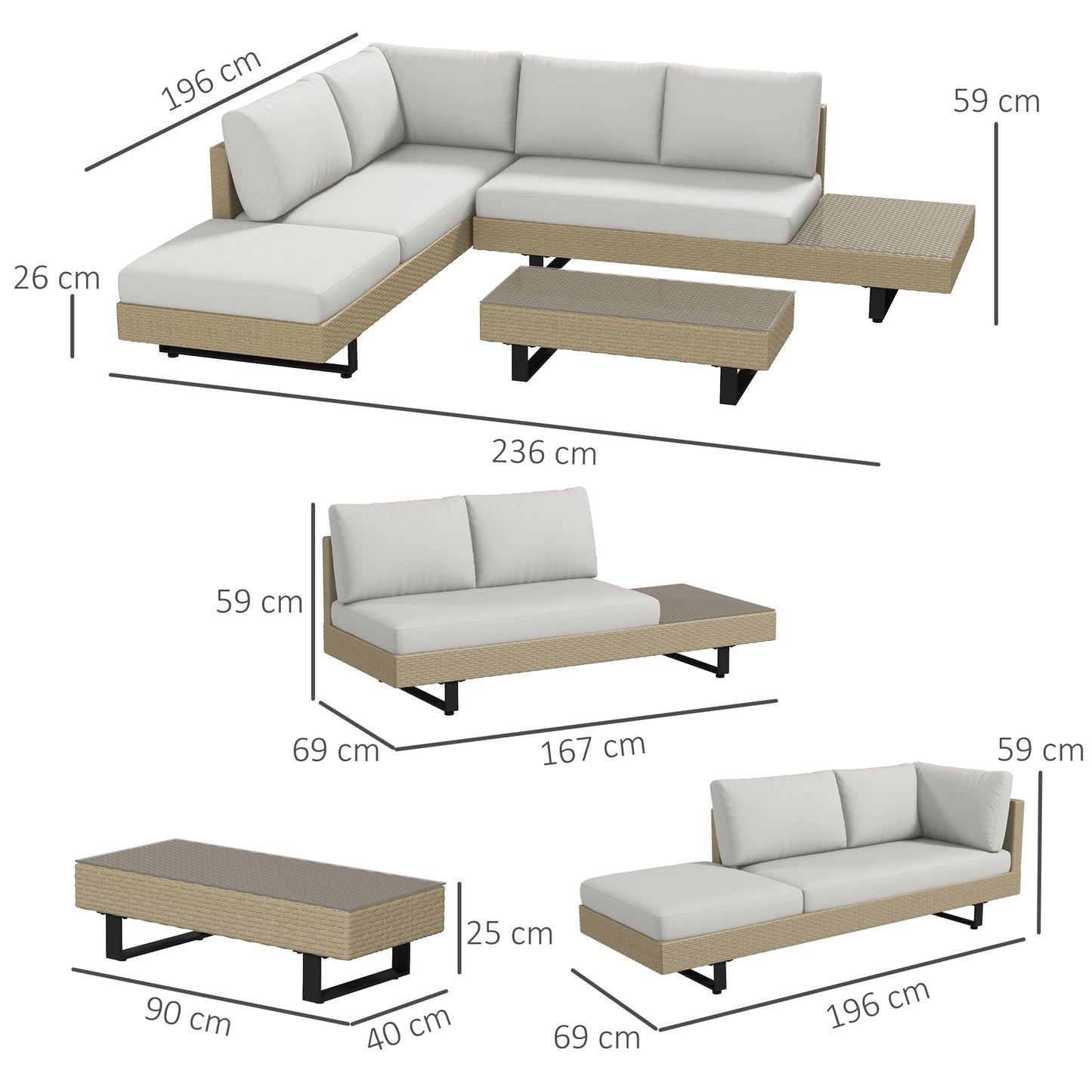 Outsunny Conjunto De Muebles Set De Sofás Ratán 3 Piezas Cojines Extraíbles_2