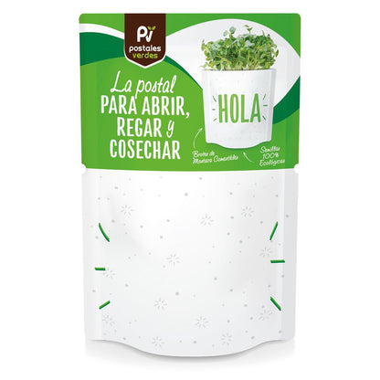 Postal autocultivo Hola germinados mostaza