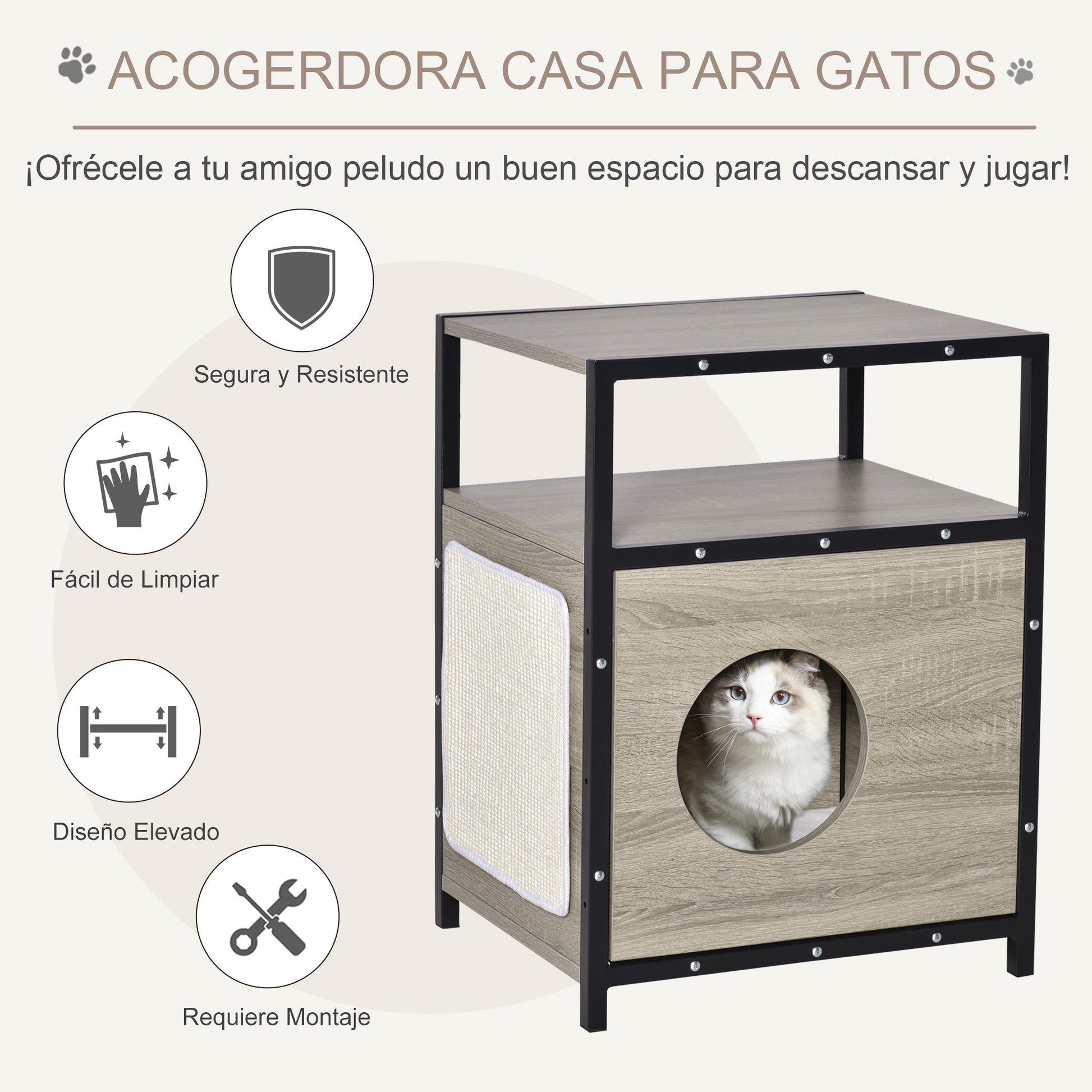 Pawhut Casa Para Gatos Con Cojín Puerta Orificio Y Alfombrilla Rascadora_5