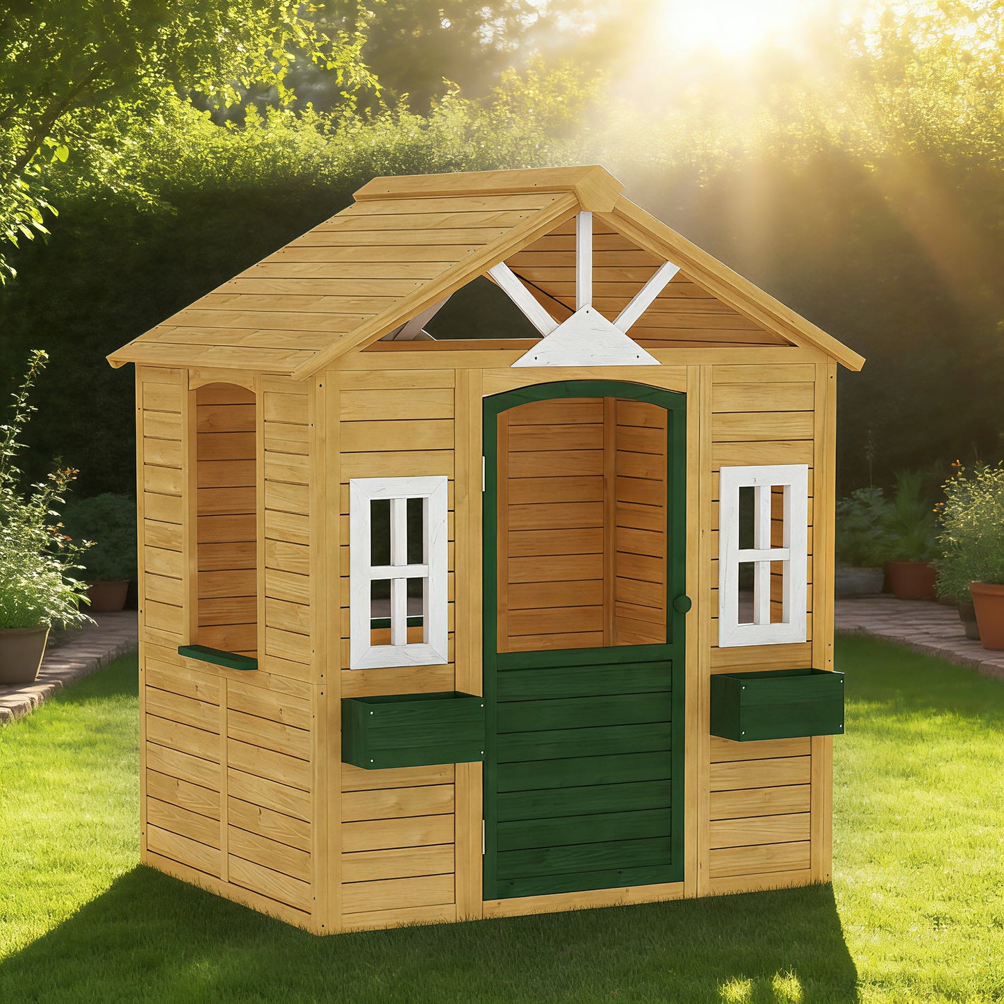Aiyaplay Casita Infantil Exterior E Interior De Madera Con 2 Maceteros Marrón_1
