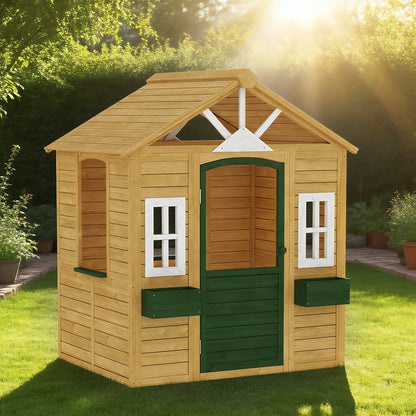 Aiyaplay Casita Infantil Exterior E Interior De Madera Con 2 Maceteros Marrón_1