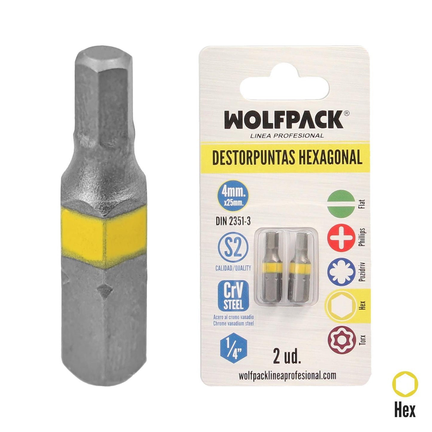 Puntas Destornillador Hexagonal 4,0 Mm. (2 Piezas). Acero S2 Al Cromo Vanadio. Puntas Hexagonales, Destorpuntas,